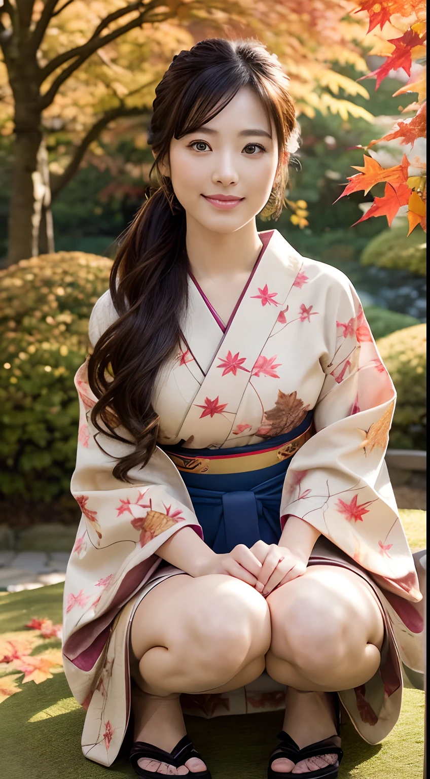(Photorealsitic:1.4), (Top image quality:1.0), (超A high resolution:1.0), 8K, Raw photography, (masterpiece:0.2), (pureerosface_v1:0.5)、(Best Quality Detail:1.2)、realisitic、8K UHD、hight resolution、(1girl in:1.2)、The ultra-detailliert、High quality textures、intricate detailes、detaileds、Very detailed CG、High quality shadows、beautiful and flawless face、Detail Beautiful delicate eyes、depth of fields、Ray traching,1girl in, japanaese girl, Cute, Kimono、Floral scrunchie, Beautiful skin, You can see beautiful legs、crouching down、Align your hands elegantly,Smile faintly The Land of Japan,Japanese garden,Luxury Japanese-style room, (In rows of maple trees:1.2), ((Autumn foliage scenery:1.3)), skyporn, Magic Hour, (Realistic:1.3), Finely detailed, quality, (masutepiece:1.2), (Photorealistic:1.2), (Best Quality), (Intricate details), Dramatic, Ray tracing, photograph, +Lola