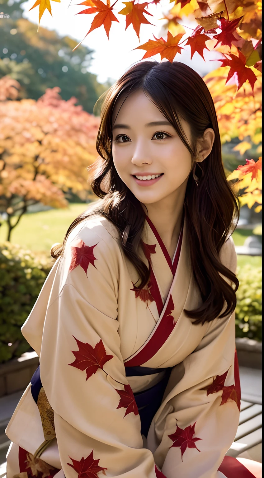 (Photorealsitic:1.4), (Top image quality:1.0), (超A high resolution:1.0), 8K, Raw photography, (masterpiece:0.2), (pureerosface_v1:0.5)、(Best Quality Detail:1.2)、realisitic、8K UHD、hight resolution、(1girl in:1.2)、The ultra-detailliert、High quality textures、intricate detailes、detaileds、Very detailed CG、High quality shadows、beautiful and flawless face、Detail Beautiful delicate eyes、depth of fields、Ray traching,1girl in, japanaese girl, Cute, Kimono、Floral scrunchie, Beautiful skin, You can see beautiful legs、crouching down、Align your hands elegantly,Smile faintly The Land of Japan,Japanese garden,Luxury Japanese-style room, (In rows of maple trees:1.2), ((Autumn foliage scenery:1.3)), skyporn, Magic Hour, (Realistic:1.3), Finely detailed, quality, (masutepiece:1.2), (Photorealistic:1.2), (Best Quality), (Intricate details), Dramatic, Ray tracing, photograph, +Lola