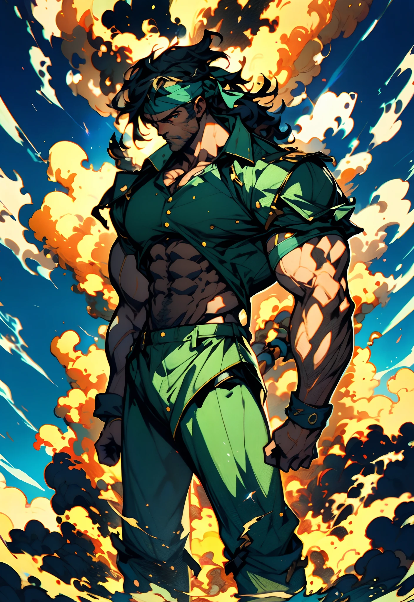 A middle-aged man, dark green long hair, wildly disheveled and exaggerated hairstyle, a headband, no eyebrows, a stern gaze, a well-defined facial structure, a tall and muscular physique, a fantasy-realistic style outfit, only a half-length windbreaker coat, sleeveless, revealing sturdy abdominal muscles, wearing wrist guards, matching trousers with the outfit, standing like a deity, dark clouds gathering in the sky, flashes of lightning and thunder, wild winds swirling around, this character embodies a finely crafted fantasy-style wild overlord in anime style, characterized by an exquisite and mature manga illustration art style, high definition, best quality, highres, ultra-detailed, ultra-fine painting, extremely delicate, professional, anatomically correct, symmetrical face, extremely detailed eyes and face, high quality eyes, creativity, RAW photo, UHD, 8k, Natural light, cinematic lighting, masterpiece--perfect, masterpiece:1.5
