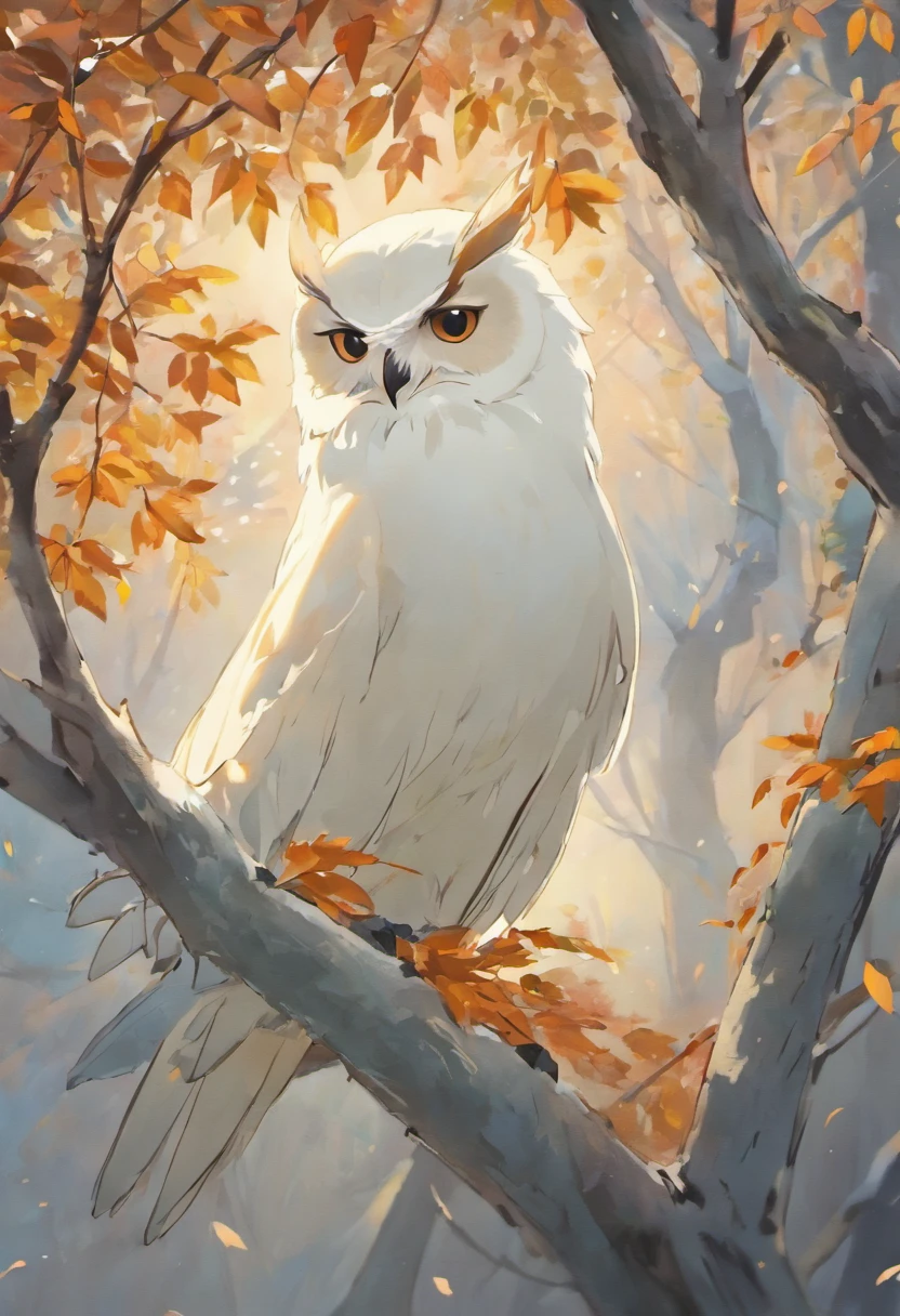 best quality,4k,8k,alta resolução,masutepiece:1.2),ultra-detalhado,(Realistic,fotorrealista,Fotorrealista:1.37),White owl perched on a tree,belos olhos detalhados,Plumagem detalhada bonita,Elegant and fashionable appearance,Tree branches covered with majestic autumn foliage,foco nítido,Paleta de cores azul-branco,soft natural lighting,Contraste impressionante entre corujas e arredores,Detalhes sutis do bico e das garras da coruja,textura de penas,Atmosfera tranquila de Halloween,Dica de floco de neve no fundo nebuloso,Icy breath escaping from a white owl's beak,Quiet silence and serenity,ethereal and magical atmosphere,Sensation of Subtle Movements in the Pose of an Owl,Impeccable execution of owl feathers,casca texturizada,Sombras sutis e destaques de penas de coruja,Sinais de luar espreitando pelos galhos,peaceful and serene atmosphere,Dubious jack-o'-lantern pass purple filter and insert christmas lights