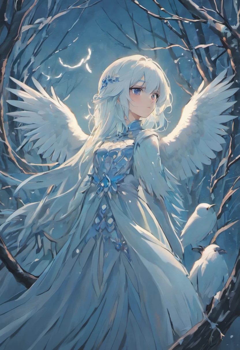 best quality,4k,8k,alta resolução,masutepiece:1.2),ultra-detalhado,(Realistic,fotorrealista,Fotorrealista:1.37),White owl perched on a tree,belos olhos detalhados,Plumagem detalhada bonita,Elegant and fashionable appearance,Tree branches covered with majestic autumn foliage,foco nítido,Paleta de cores azul-branco,soft natural lighting,Contraste impressionante entre corujas e arredores,Detalhes sutis do bico e das garras da coruja,textura de penas,Atmosfera tranquila de Halloween,Dica de floco de neve no fundo nebuloso,Icy breath escaping from a white owl's beak,Quiet silence and serenity,ethereal and magical atmosphere,Sensation of Subtle Movements in the Pose of an Owl,Impeccable execution of owl feathers,casca texturizada,Sombras sutis e destaques de penas de coruja,Sinais de luar espreitando pelos galhos,peaceful and serene atmosphere,Dubious jack-o'-lantern pass purple filter and insert christmas lights