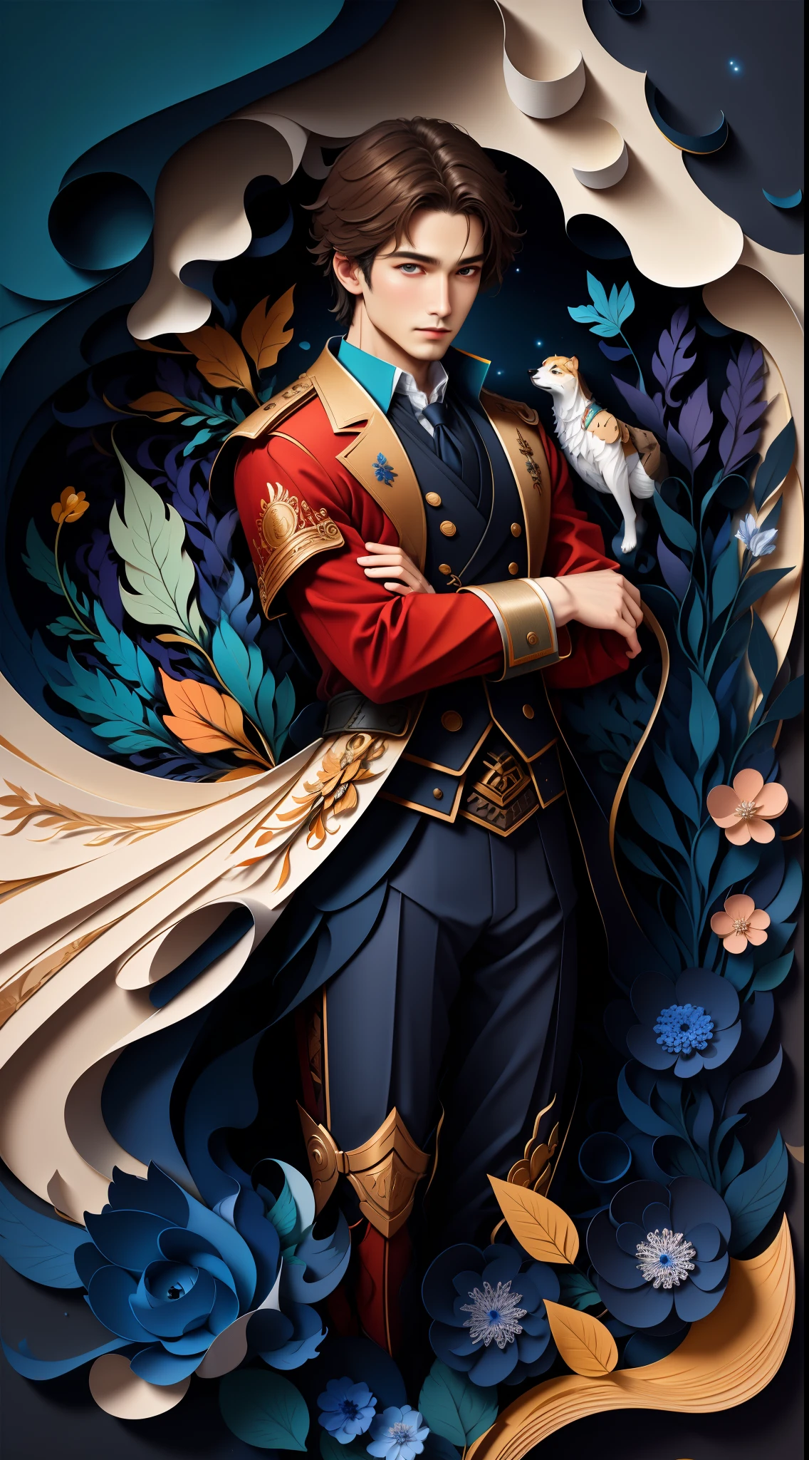 (((tmasterpiece))),best qualtiy,illustratio,((A man's side,hound,archery,ride horse,)),the space,Paper_cut,Bright color scheme, Soft light,(Warm colors:1.2),watercolor paiting, Light background, Best quality, Exquisite details,3D rendering of,octanerender, Pastel, Paper,cut,Correct anatomy,Detailed face, Detailed eyes,