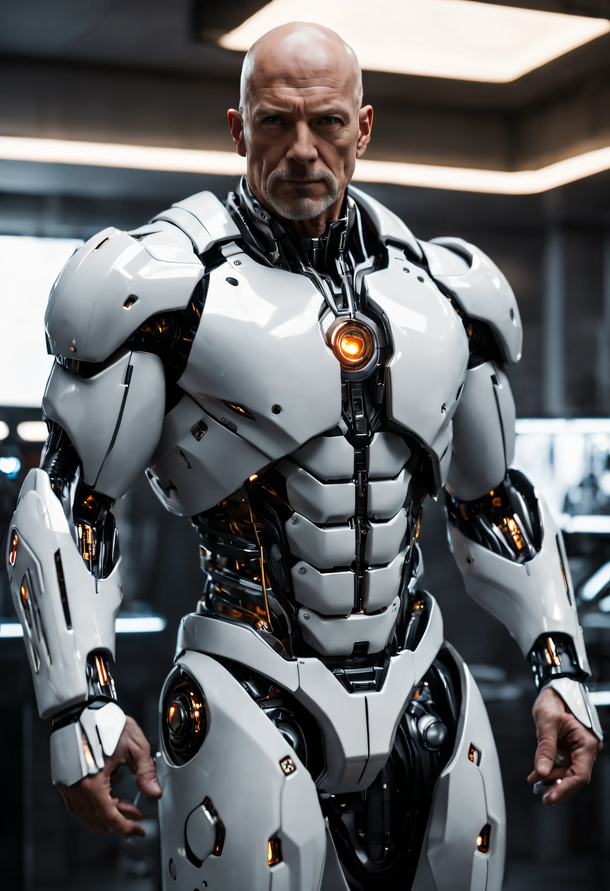 bald, muscular white man in his fifties, hazel eyes, dressed in TGRON legacy style suit, with machines in the background, with cinematic lighting, extremely detailed. 8k,monster,cyborg style,cyborg,android,make_3d,Movie Still