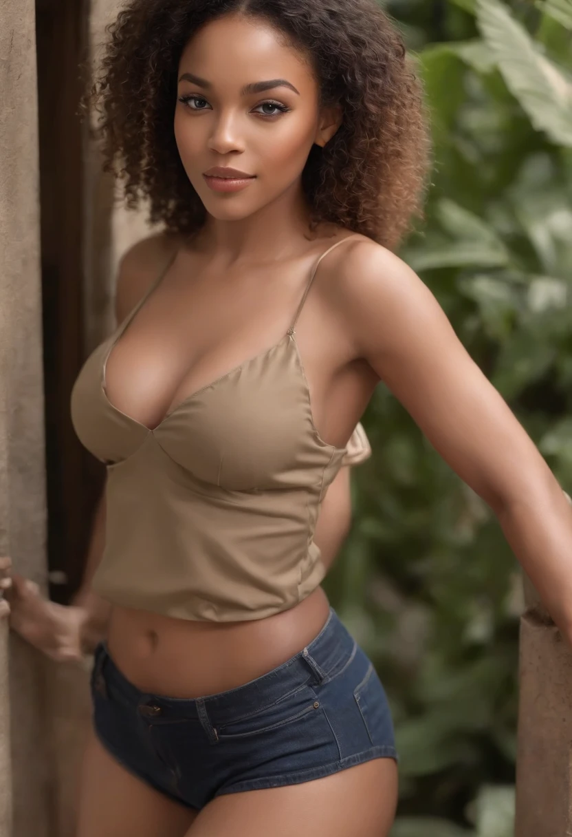 (, Very deep ebony skin)), ((Its beauty is undeniable)), ((Excited cute face)), ((Hyper detailed perfect eyes,)), ((pose mignonne)), ((Langue sortie)), ((Seductive )), sexy, (( Tight mesh shirt, shorts courts sexy)), ((Afro African long curly,)), ((Revealing belly)), ((debout, vue de face)), ((visage souriante)), ((toucher ses propres jambes dans une pose sexy)), ((dehors, Ville publique en france)), ((d'origine malienne)), Sharp Focus CGI, photoreallistic, High detail, Realstic, Masterpiece, absurdes, Best quality, Hdr, High quality, high-definition, Extremely detailed, 8k wallpaper, Intricate details, 8K UHD, Full-HD, (photo realist:1.2), contraste, intense illumination, lighting cinematic, natural lighting, hard light, contre-jour, Illumination globale, occlusion ambiante, small waist, thick thighs, double d chest
