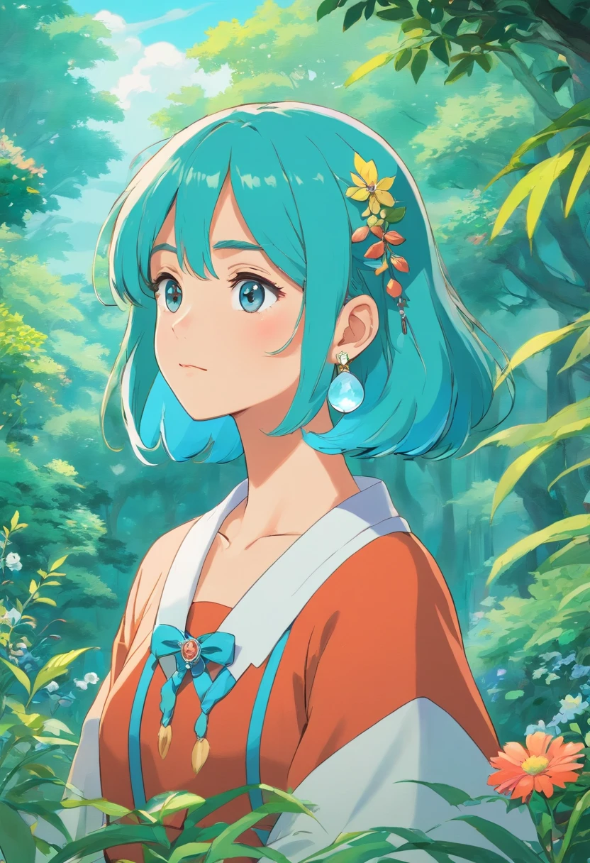 a girl wearing an anime collar, a long necklace and earrings, in the style of tranquil gardenscapes, colorful animation stills, masami teraoka, aquamarine, paul gauguin, Embry style, honest portrayal