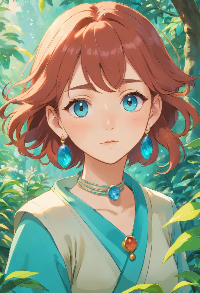 a girl wearing an anime collar, a long necklace and earrings, in the style of tranquil gardenscapes, colorful animation stills, masami teraoka, aquamarine, paul gauguin, Embry style, honest portrayal