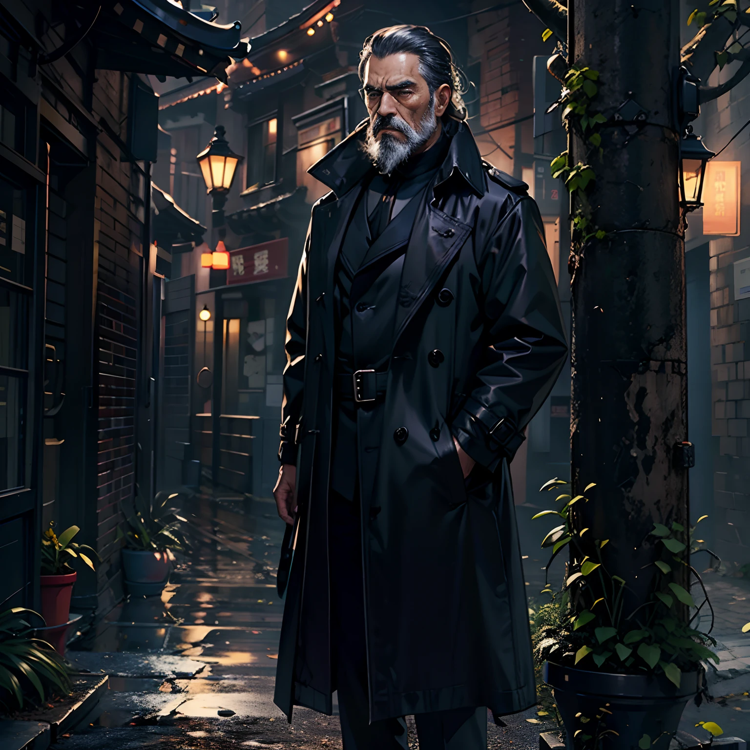 The Agent is a old man with medium black hair and a beard,Wears a large black trench coat with a black pattern。It is completely two extremes with a stern face。Dark theme, optic, fanciful。