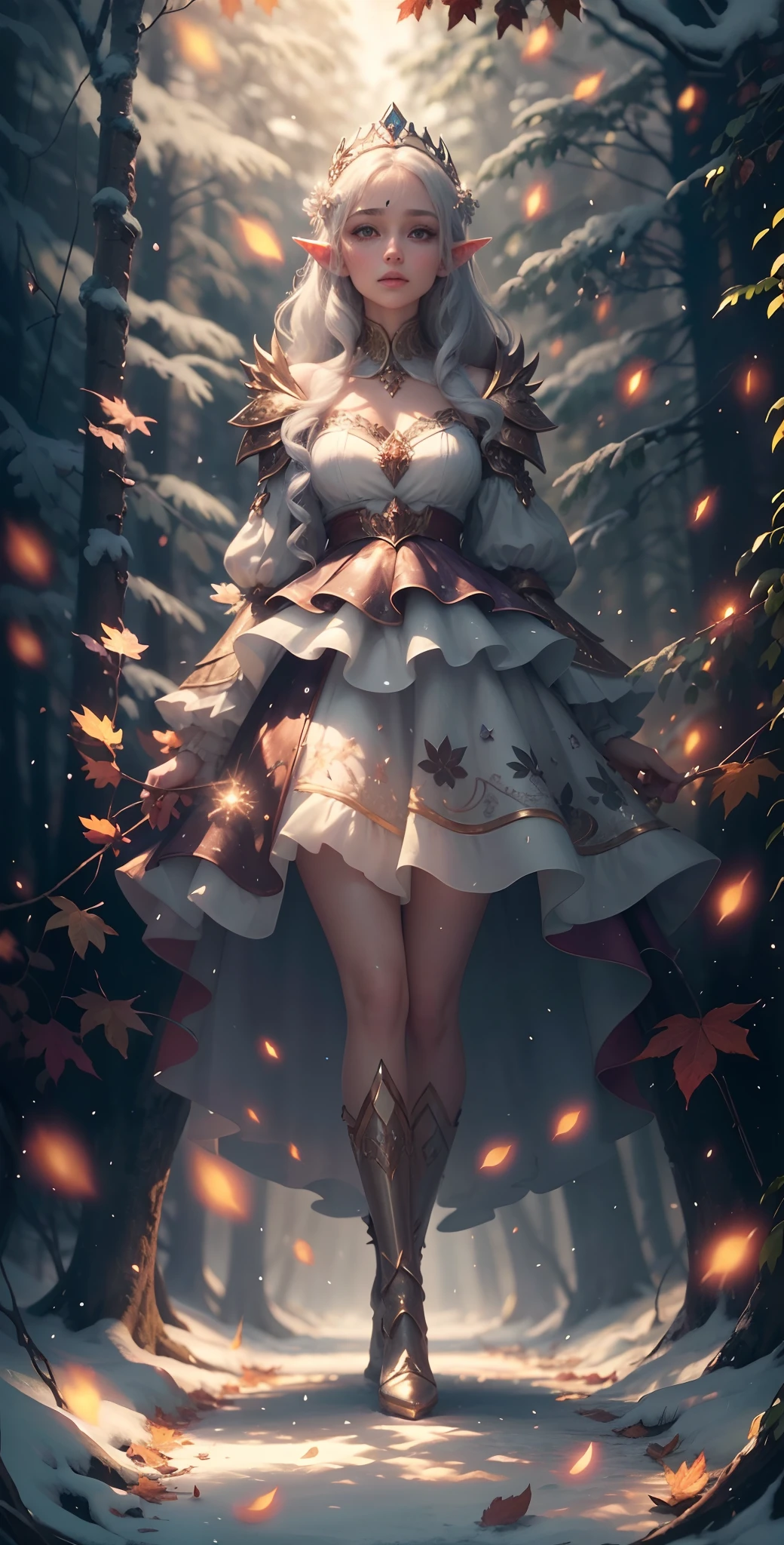 An full body shot of an Elfgirl wearing a subtle autumn multi-color skirt shaped like a mushroom, on her head she wears a crown of autumn leaves twigs and flowers, in a plush autumn forest clearing which is the forest shimmers with an almost faint bioluminescents, dark as night, a lighted forest clearing at evening 8k Generate a pretty and realistic fantasy artwork with bold jewel-toned hues, pretty glitter and shimmer, and lots of snowflakes. Generate a luminous and petite woman with curly hair, metallic hair, and realistically textured hair. Her skin is pure white and seems to glow in the light. The woman's face is important: include ((soft, puffy, big lips, elegant features, and the most beautiful detailed macro eyes)) in the world. The woman is in a winter landscape with soft falling snow and snowflakes, soft white fur, subtle iridescent details, subtle phantasmal iridescent details, and intricate and delicate jewelry that glimmers in the light. Include many small fantasy details like gossamer silk, feathers, delicate and stunning embroidery, and luminous lighting that glimmers. The woman's face is unobscured by details and her eyes are sharp and in high resolution. Incorporate dreamy colors, dynamic lighting, and detailed background elements to create a sense of awe and immersion. Include colorful flying magical birds and jewel-toned butterflies radiating a magical aura. Consider the latest trends in fantasy art, such as incorporating unique lighting effects, exploring dynamic and compelling composition techniques, and experimenting with unique color palettes. Take inspiration from the top artists on ArtStation and Midjourney. Camera: Choose an angle that highlights the character's beauty and enhances the magical majesty of the artwork. Lighting: Utilize atmospheric lighting techniques to create depth and mood. Resolution: Aim for a high-resolution artwork to showcase intricate details and clarity. Art Inspirations: Seek inspiration from the trending artists on