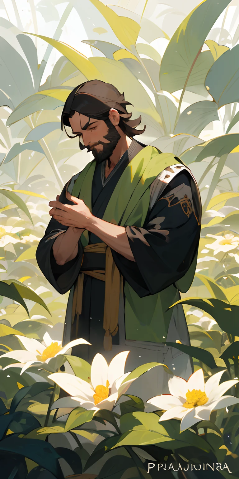 (obra-prima, melhor qualidade),1garoto com longos cabelos pretos, barba rasa, sentado em um campo de plantas e flores verdes, the hand under his chin, warm ilumination, roupas pretas, primeiro plano desfocado