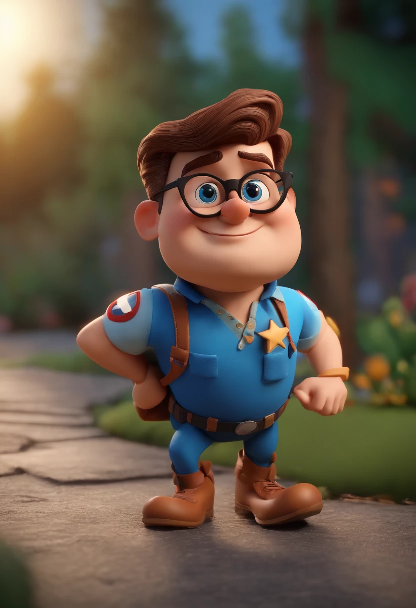 Cartoon character of a man wearing black glasses and a blue shirt, um personagem animado, Caractere estilizado, animation style rendering, 3D estilizado, Arnold Maya render, 3 d render stylized, toon render keyshot, Personagem 3D, Personagem 3D, 3d rendering stylized, 3 d character render, personagem de desenho animado, Personagem de close up, Pose de personagem, (Estilo Pixar) (master part:1.2) (Bokeh) (best quality) (pele detalhada) (textura detalhada) (8k) (argila) (Cinematic lighting) (foco nítido,Senta e vaza a parte superior do corpo