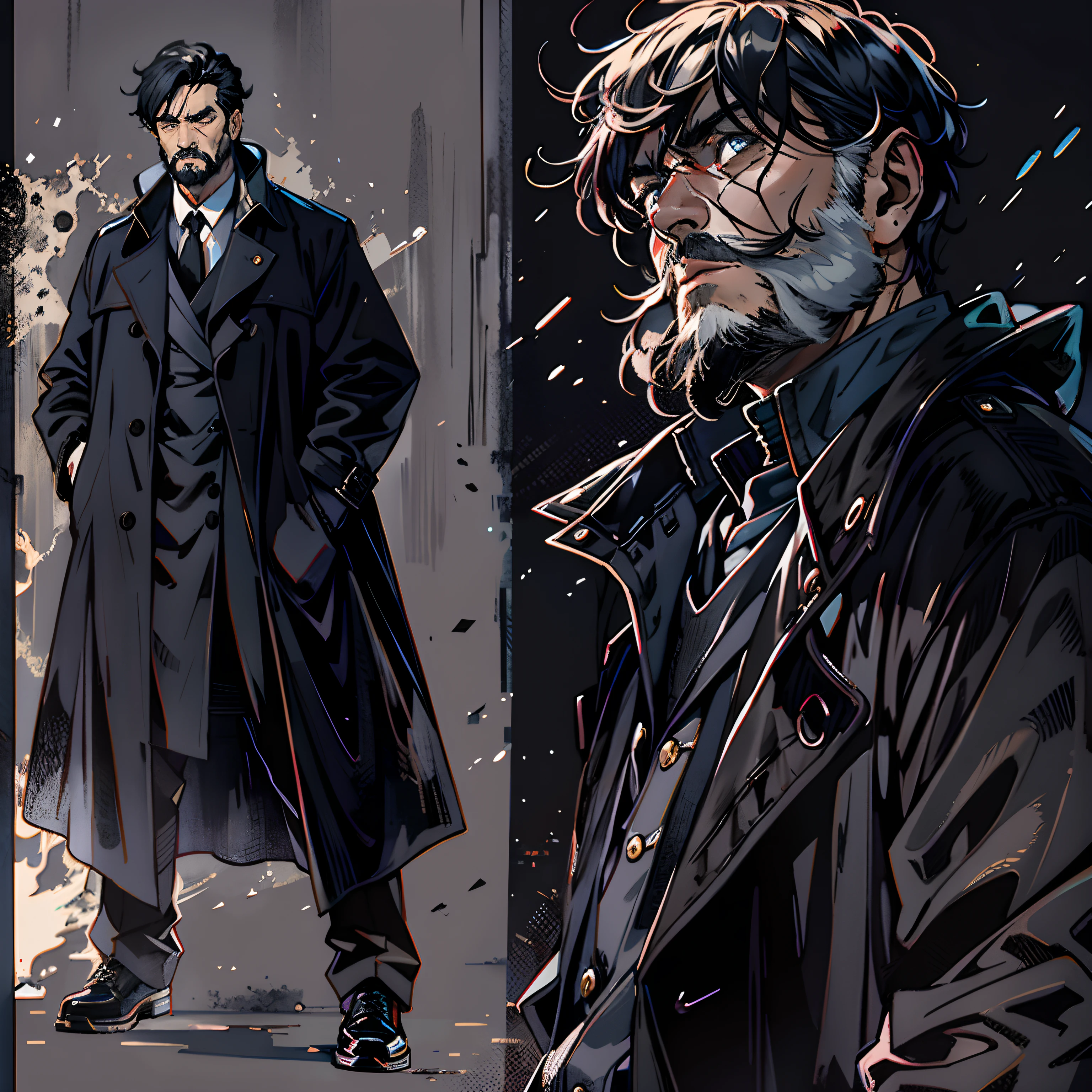 The Agent is a old man with medium black hair and a beard，Wears a large black trench coat with a black pattern。It is completely two extremes with a stern face。Dark theme， optic， fanciful。