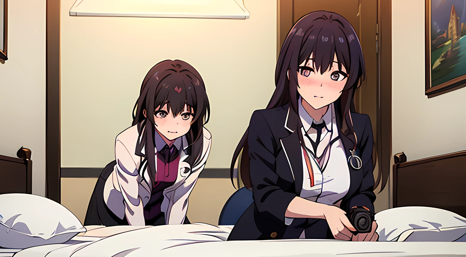 2 girls with different profession, one of them is business woman, and the other is a doctor with stethoscope on her neck, long hair, lay on bed, shy, blush on their face, teasing at the camera, camera angle from floor, looking at viewers, full body, best quality, masterpiece