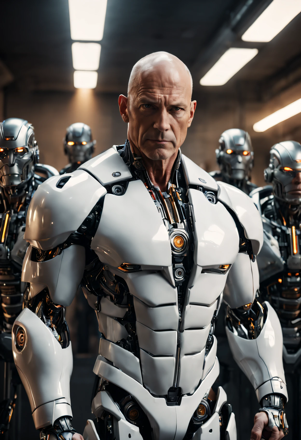 bald, muscular white man in his fifties, hazel eyes, dressed in TGRON legacy style suit, with machines in the background, with cinematic lighting, extremely detailed. 8k,monster,cyborg style,cyborg,android,make_3d,Movie Still