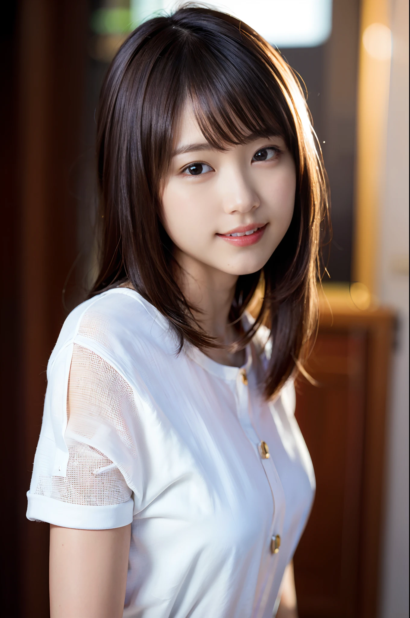 Brown Hair,Medium Hair,18-year-old female, Small nose, With the correct face, Cute natural smile, Japanese facial features, A clean and cute face, Cute realistic portrait, Asian Face, 8K Photo, Soft Makeup,Natural skin texture,Raw photo,highest quality,Full Body Shot,cooking