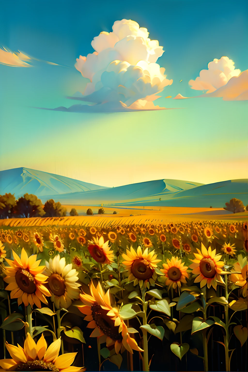 A painting of a summertime landscape, with a field of sunflowers, daytime light.