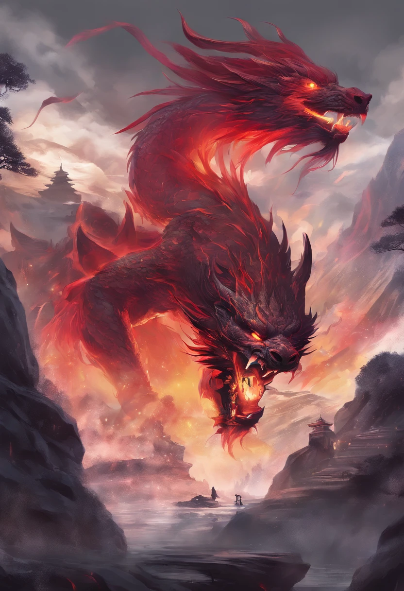 China-style,Chinese mythology,Dragon Tiger,tosen,Fierce,gargantuan,Very long canine teeth, The eyes glow red,fire glow,Red,glowing effect,High hills,Cloud fog,is in night,中景 the scene is,Whole body as, highly detailed surreal vfx,OC Render, - AR 16:9 --q 2 --s 1000