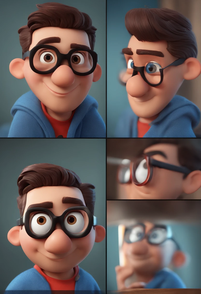 Cartoon character of a man with black glasses and a blue shirt, animation character, Caractere estilizado, animation style rendering, 3D estilizado, Arnold Maya render, 3 d render stylized, toon render keyshot, Personagem 3D, Personagem 3D, 3d rendering stylized, 3 d character render, personagem de desenho animado, Personagem de close up, Pose de personagem,  (Estilo Pixar) (master part:1.2) (Bokeh) (best quality) (pele detalhada) (textura detalhada) (8k) (argila) (Cinematic lighting) (foco nítido