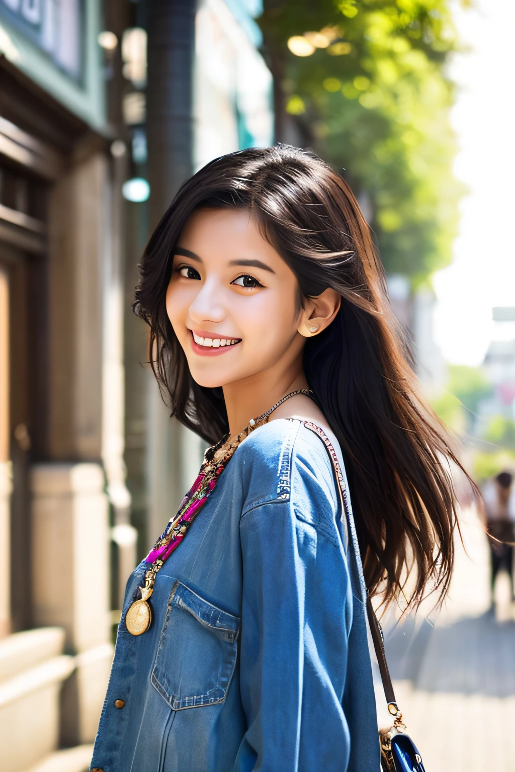 Create an ultra-realistic portrait of a 20-year-old woman with mixed Japanese and Indian heritage. Her youthful features should be carefully crafted to reflect her age, with a fresh and vibrant appearance. Her almond-shaped eyes should be bright and lively, with smooth, fair skin that has the subtle glow of youth. Her smile, warm and genuine, should convey her friendly and energetic spirit. Her straight, dark hair should be styled in a trendy, youthful manner. She should be dressed in a contemporary fusion of Japanese and Indian fashion, with a casual yet fashionable twist. Her jewelry should be trendy, with delicate gold pieces suitable for a young adult. The background should be an urban setting that feels alive and dynamic, with elements from both Japanese and Indian cities, adding to the sense of her vibrant, young life.