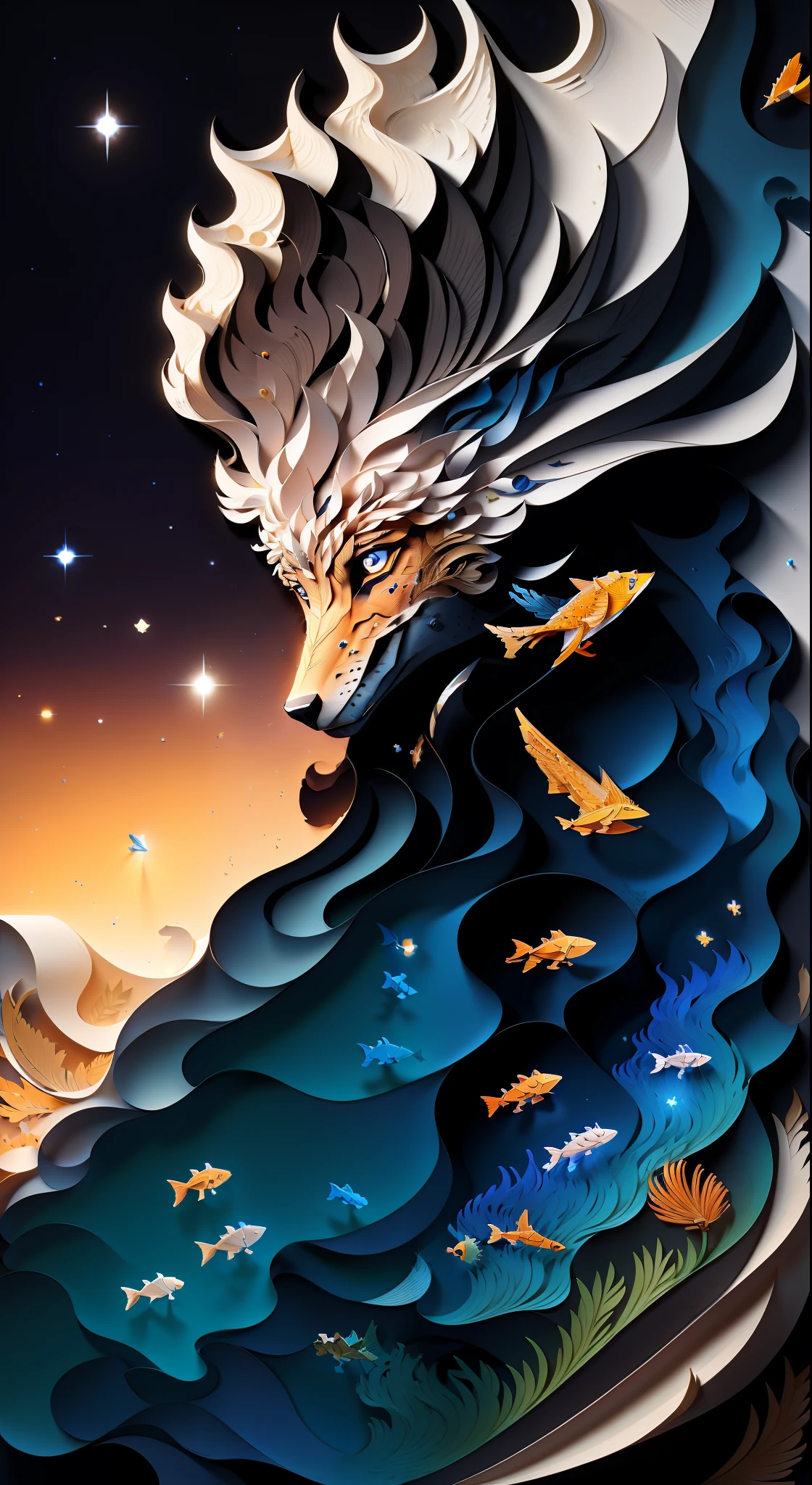 (((tmasterpiece))),best qualtiy,illustratio,Men's side,archery,Dogs and horses,the space,Light background, Best quality, Exquisite details,3Drenderingof, Paper,cut,Correct anatomy,Detailed face, Detailed eyes,paper_cut,paper cut out,