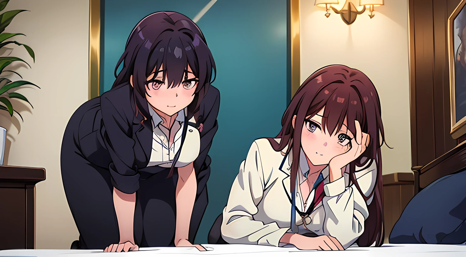 2 girls with different profession, one of them is business woman, and the other is a doctor with stethoscope on her neck, long hair, lay on bed, shy, blush on their face, teasing at viewers, camera angle from floor, looking at viewers, full body, best quality, masterpiece