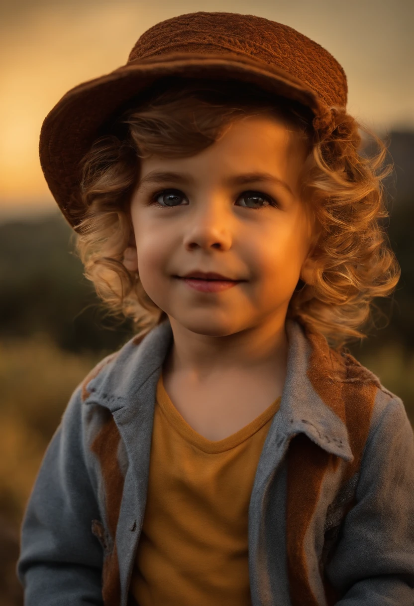 menino: Miguel, aproximadamente 5 anos de idade, cabelo curto estilo Disney, olhos castanhos e sorrisos. garota: Giovana, 2 anos, longos cabelos pretos e olhos azuis. scenecy: Miguel and Giovana are in a cozy little house in the valley, ao fundo um dia ensolarado, Destacando o Sol.