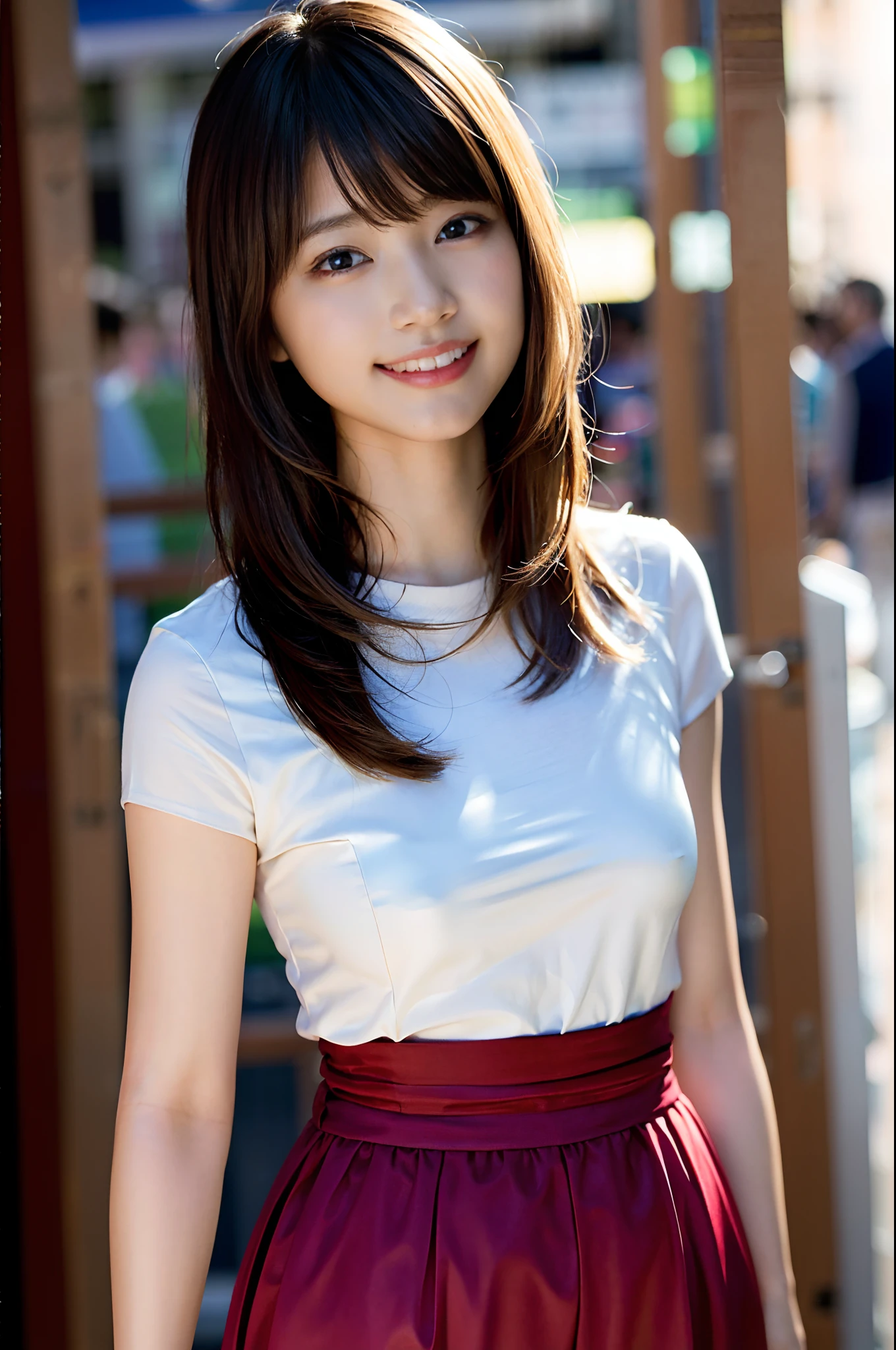 (8k, RAW photo, best quality, masterpiece:1.2), (realistic, photo-realistic:1.37), ultra-detailed, ultra high res,1 girl,looking at viewer,beautiful detailed face,smile,narrow,(slim waist:1.3),shirt, beautiful detailed skin, skin texture, floating hair,professional lighting,