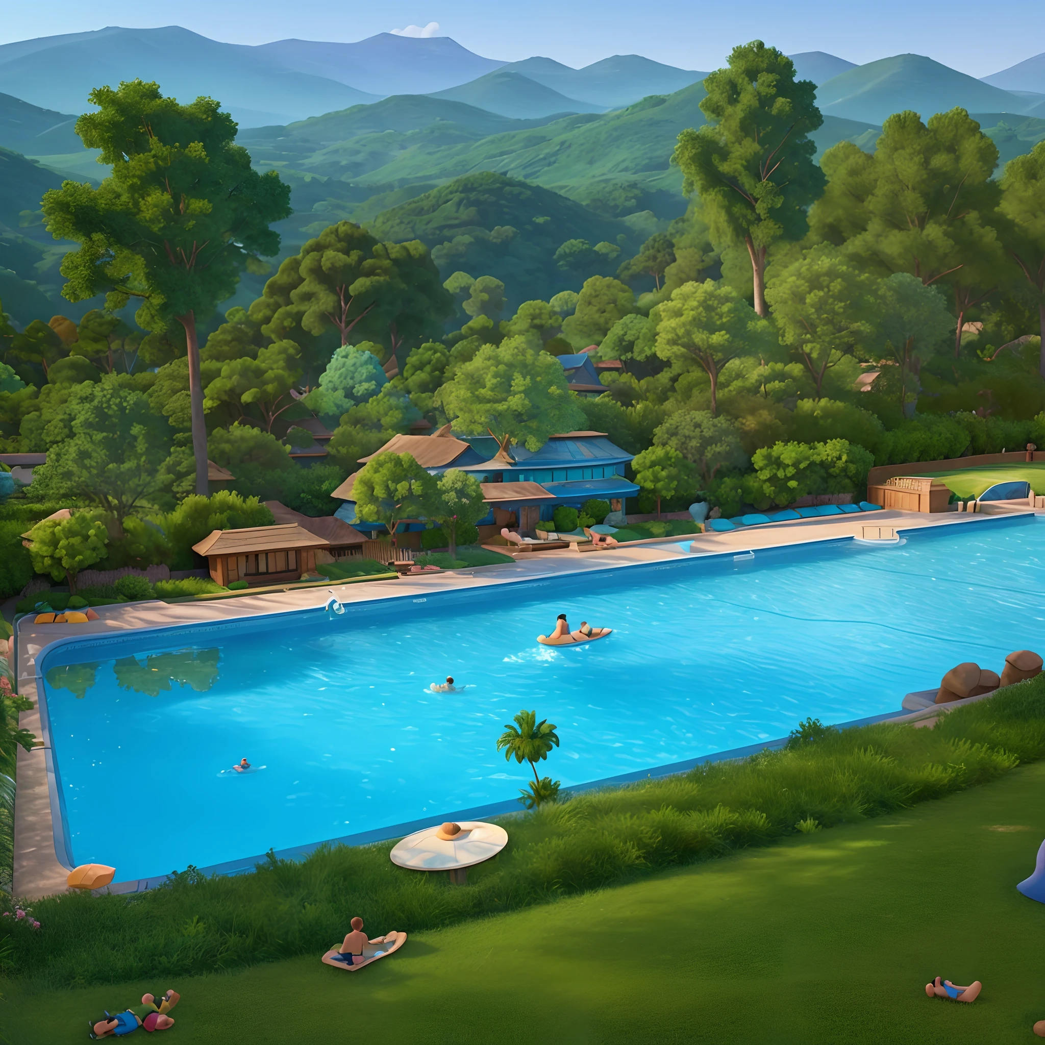 3d cartoon animation background, Disney style, Pixar style, hills with lots of trees, there is a swimming pool with blue water, beautiful sky,There are people swimming using swimming tubes,high resolution,high quality,3d render,Disney Pixar animation