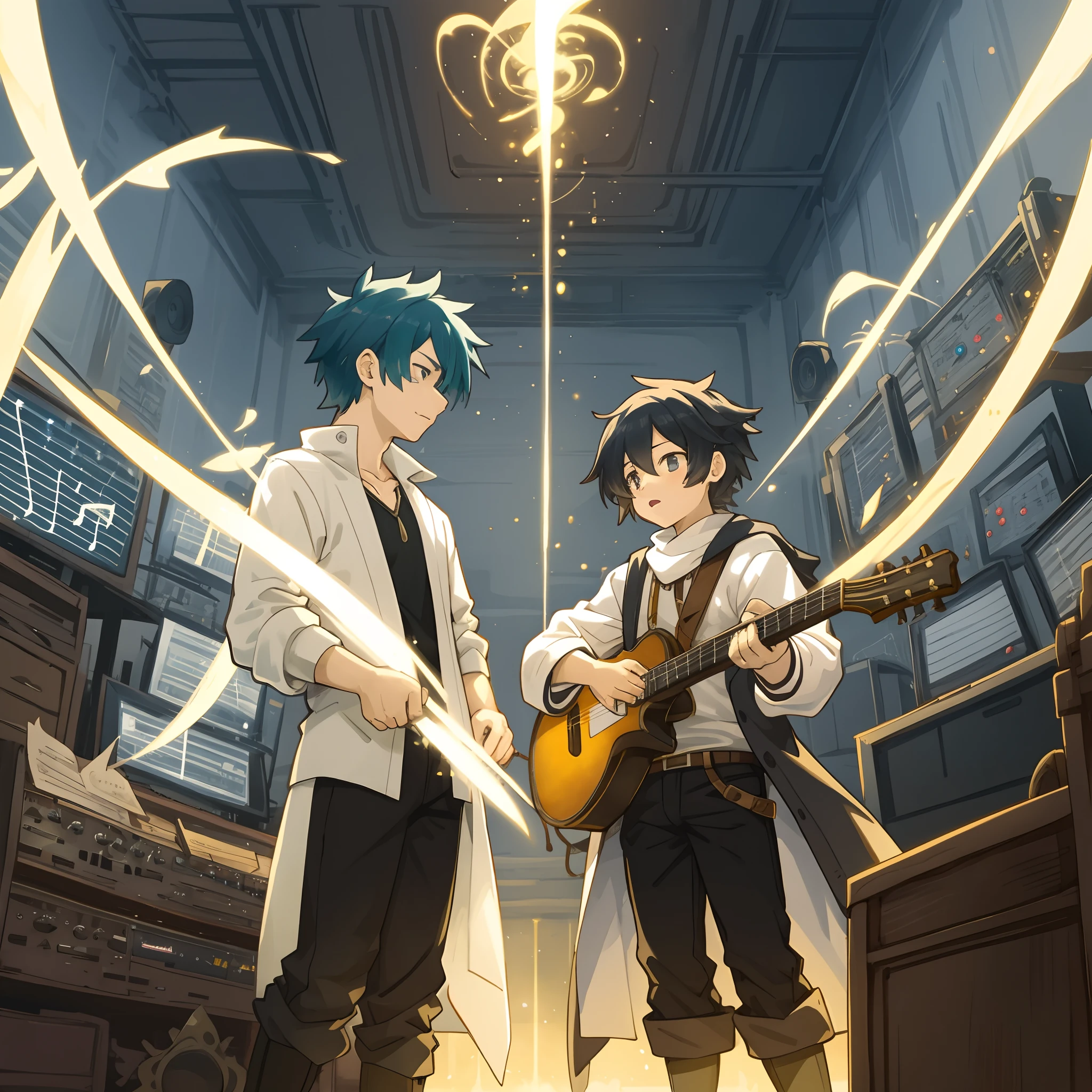 An illustration in the style of fan art depicting an East Asian female protagonist with sound manipulation powers, and a Latino male protagonist who controls light, from a well-loved fantasy battle manga. They are in a music studio, collaborating on creating a magical symphony with their powers, surrounded by musical notes and beams of colorful light, showcasing their daily life beyond battles. suitable for a fan-created work that could be shared on platforms like Pixiv or Twitter,