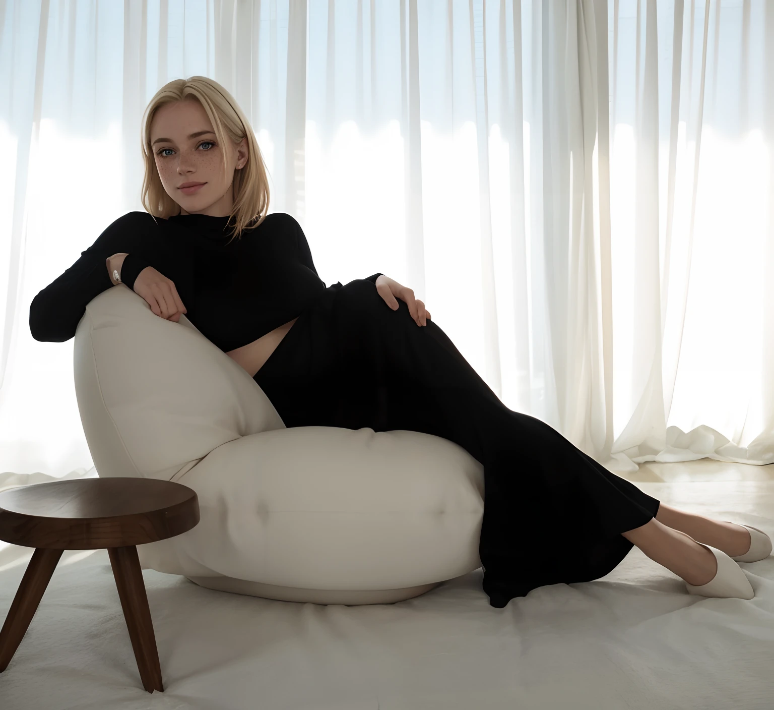mulher, americana, 25 anos, pale skin and freckles, olhos cinzas, nariz delicado, soft and delicate lips, Cabelo blondie cinza longo e ondulados, sorriso meigo