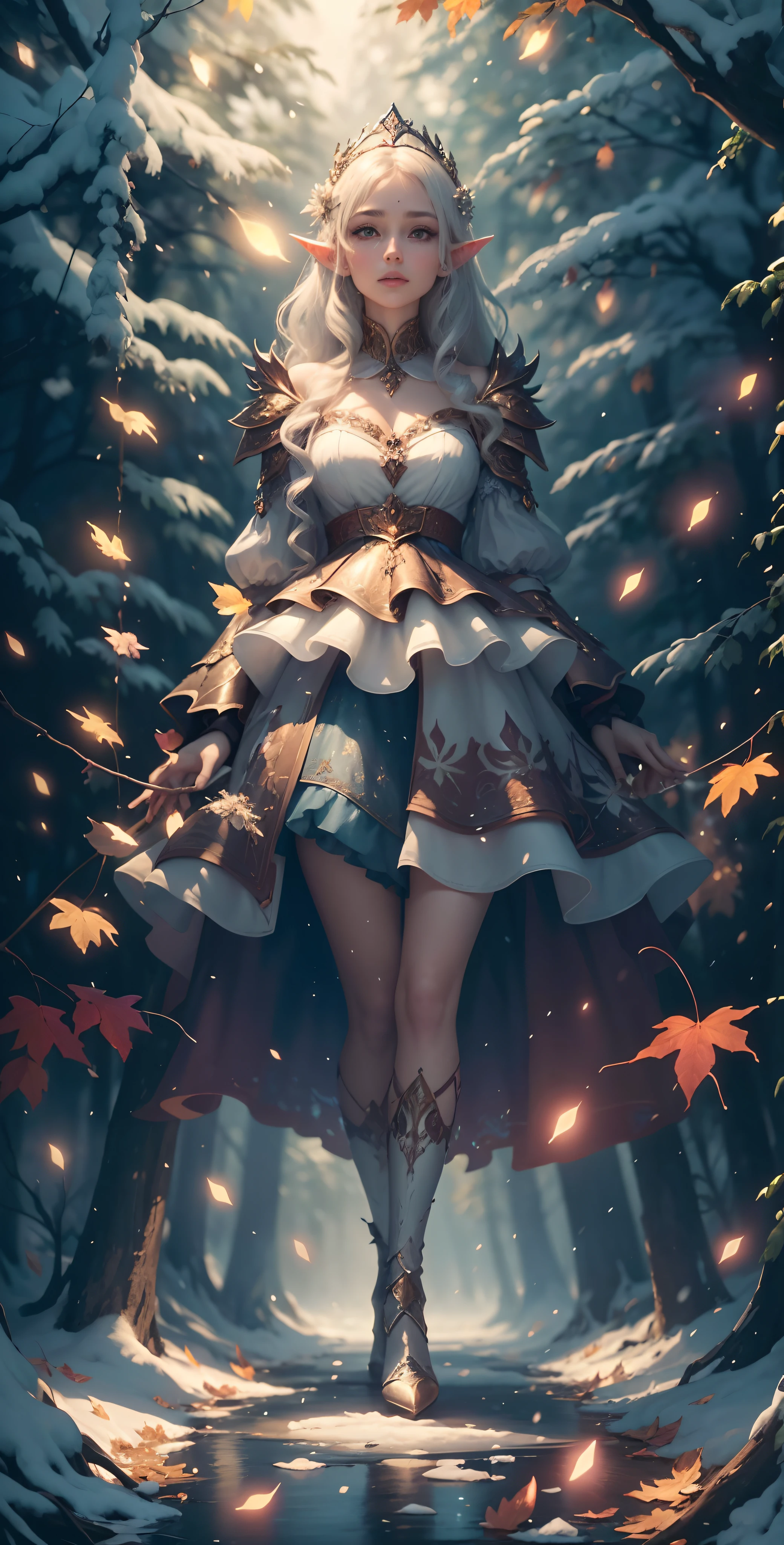 An full body shot of an Elfgirl wearing a subtle autumn multi-color skirt shaped like a mushroom, on her head she wears a crown of autumn leaves twigs and flowers, in a plush autumn forest clearing which is the forest shimmers with an almost faint bioluminescents, dark as night, a lighted forest clearing at evening 8k Generate a pretty and realistic fantasy artwork with bold jewel-toned hues, pretty glitter and shimmer, and lots of snowflakes. Generate a luminous and petite woman with curly hair, metallic hair, and realistically textured hair. Her skin is pure white and seems to glow in the light. The woman's face is important: include ((soft, puffy, big lips, elegant features, and the most beautiful detailed macro eyes)) in the world. The woman is in a winter landscape with soft falling snow and snowflakes, soft white fur, subtle iridescent details, subtle phantasmal iridescent details, and intricate and delicate jewelry that glimmers in the light. Include many small fantasy details like gossamer silk, feathers, delicate and stunning embroidery, and luminous lighting that glimmers. The woman's face is unobscured by details and her eyes are sharp and in high resolution. Incorporate dreamy colors, dynamic lighting, and detailed background elements to create a sense of awe and immersion. Include colorful flying magical birds and jewel-toned butterflies radiating a magical aura. Consider the latest trends in fantasy art, such as incorporating unique lighting effects, exploring dynamic and compelling composition techniques, and experimenting with unique color palettes. Take inspiration from the top artists on ArtStation and Midjourney. Camera: Choose an angle that highlights the character's beauty and enhances the magical majesty of the artwork. Lighting: Utilize atmospheric lighting techniques to create depth and mood. Resolution: Aim for a high-resolution artwork to showcase intricate details and clarity. Art Inspirations: Seek inspiration from the trending artists on