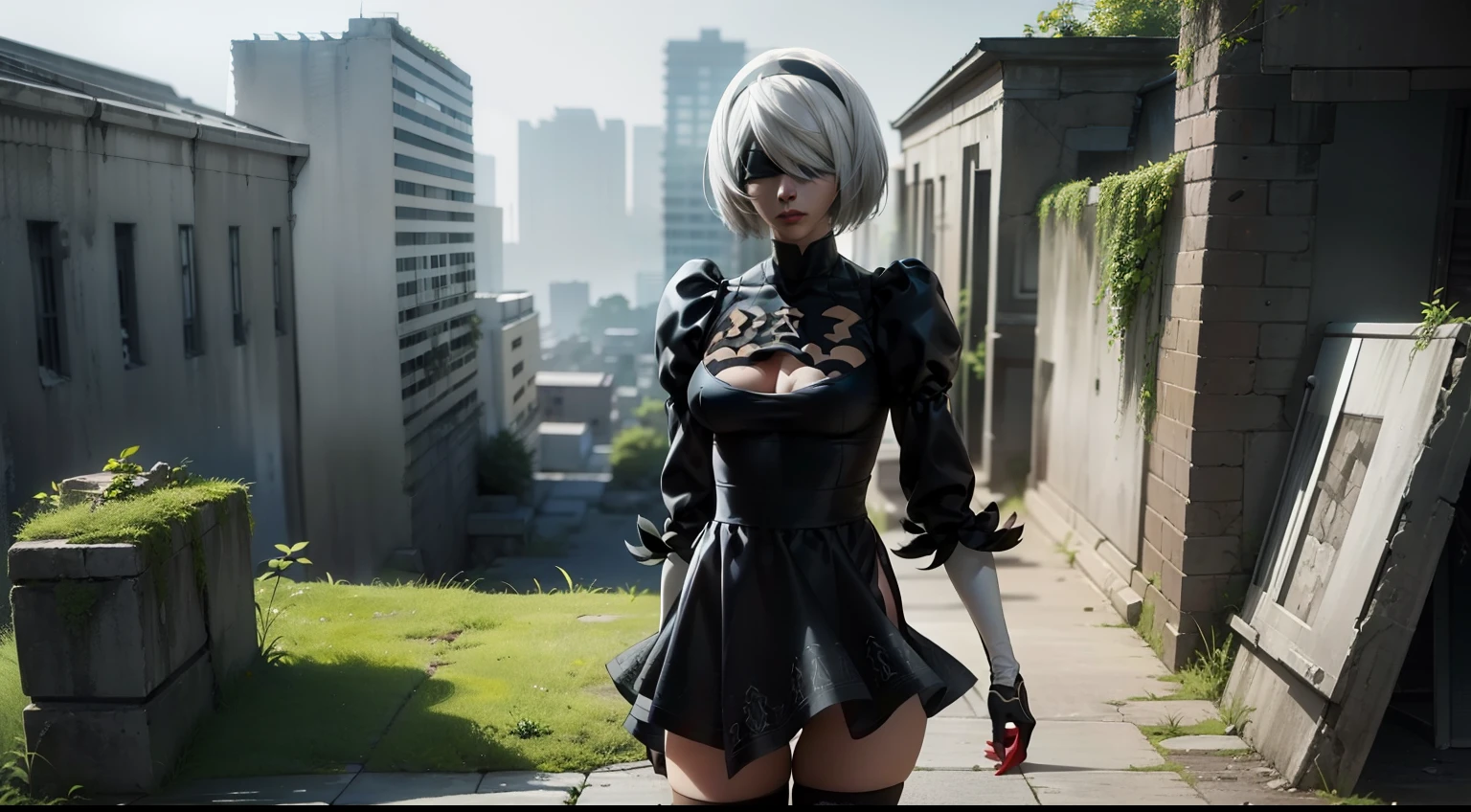 Camera from above, leans forward, Standing on the edge, stands, Camera from above, Frame from above, shapely legs, stands on the edge of the roof, White Hair Bob, ashy hair, The eyes are covered with a bandage, Cyan eyes, black dress with a short skirt, short black skirt, The skirt covers the buttocks, neckline on the chest, white panty, black stockings, high black boots, high-heeled boots, very extremely beautiful, Small firm buttocks, Slender figure, Full-length(Body Full 1.1),Game nier automata, ruined city, The city, overgrown with plants, Ruins, high detail official illustrations, ((beautiful fantasy girl))，Red Small Breasts, Her breasts are sticking out from under her clothes, BREAK (Master Part: 1.2), Best Quality, High Resolution, photorealestic, photogenic, Unity 8k壁纸, (illustartion: 0.8), (Beautiful detailed bluish-gray eyes: 1.6), extremely detailed face, perfect  lighting, extremely detailed CGI , (perfect arms, perfect anatomy), A girl with perfect breasts, beatiful face, master study, intricate details, Detalhes realistas, the anime, (Based on nier automata) the perfect body, The Perfect Girl, perfect details, Ultra HD |, 8K, Professional photo, Anime Style 2B,