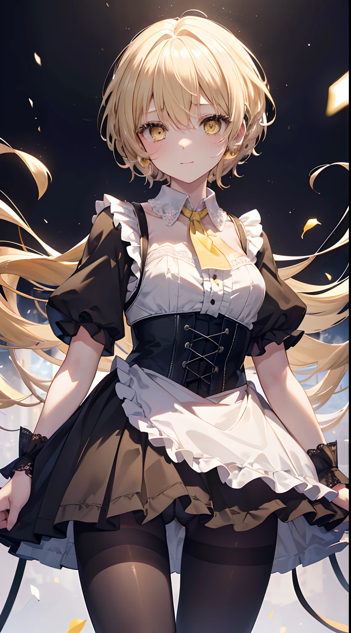 idol、masterpiece、top-quality、beautiful countenance、absurderes、HDR、(cowboy shot、White Ruffled Lace Mini Dress、White collar、White ruffle cuff、Particle:1.5)、(Bloom、Glow:1.4)、(a smile)、(Blonde short、yellow eyes:1.7)、foco nítido、Photorealsitic、hight resolution、highestdetailed、ultra-detailliert、detailed faces and eyes、Sharp pupils、Realistic pupils、foco nítido、 shinny skin、(Black corset:1)、Dark atmosphere with bright light particles(Many effects of the background)、Rim Lighting、Dynamic, cinematic lighting、(((tucking up the skirt:1.3)))、(Black_pantyhose:1.2)、Functional、Panties under pantyhose、garter strap、 Hot、steams、Flip the skirt、Skirt flipping、Roll up the scar by hand、Show underwear、Show off your pants with your own hands、Panchira、Panties digging into the crotch