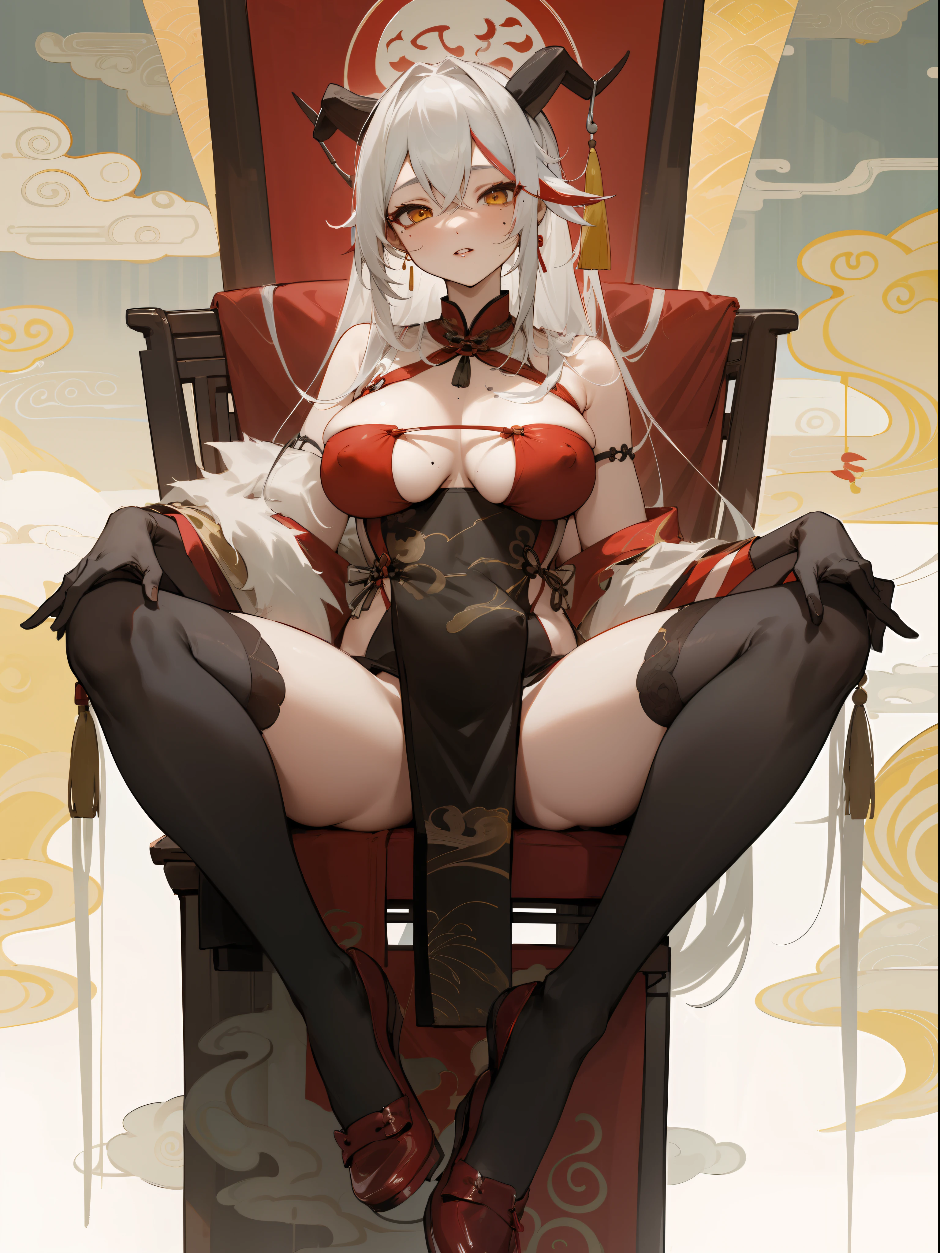 GDAAC, ChineseDressAegir, 1girl, solo, sitting, looking at viewer, spread legs, holding, red eyes, shoe dangle, covered nipples, parted lips, chair, mole on breast, white hair, yellow eyes