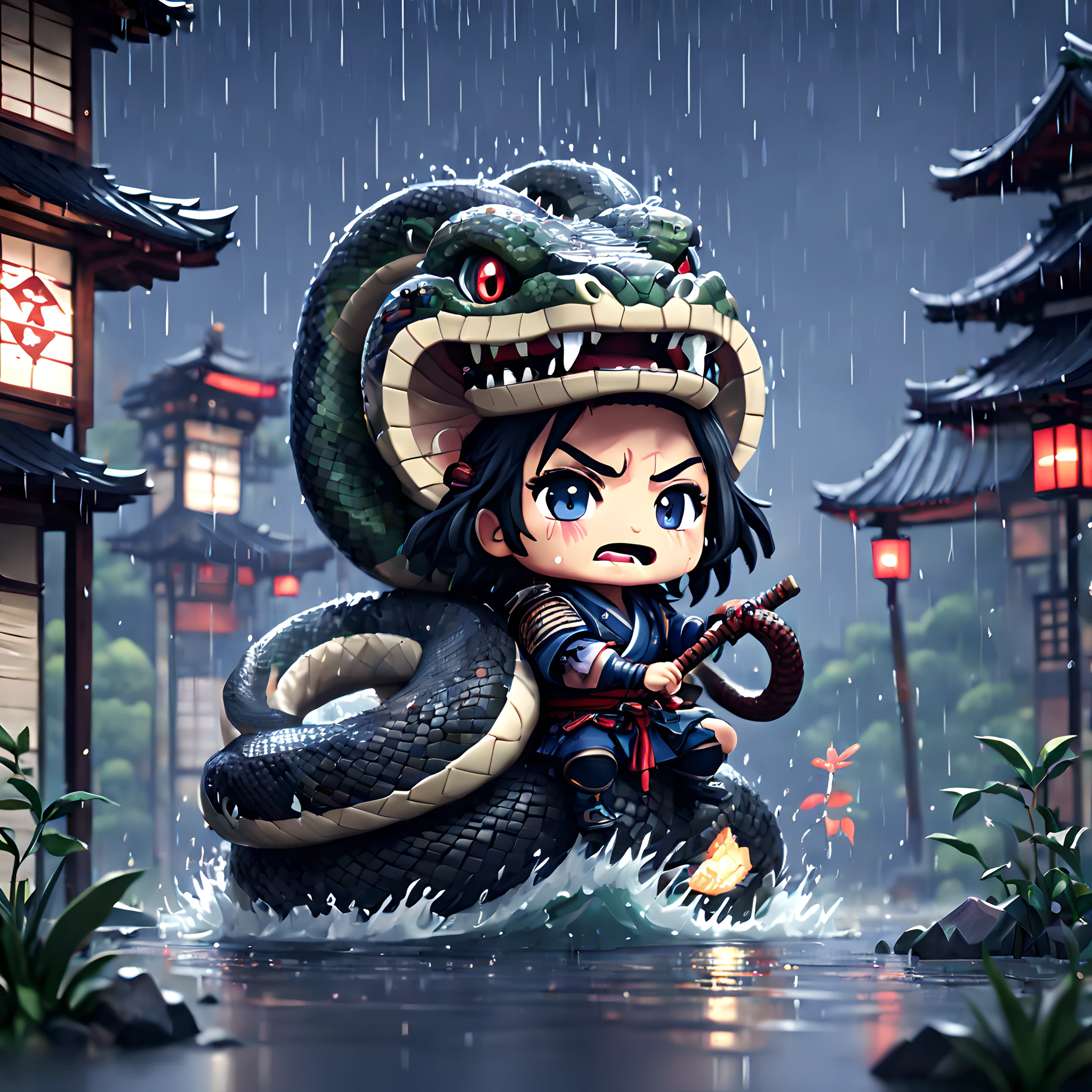 (Pixel art:1.5), (pixel theme:1.5), (chibi emote:1.5), (chibi character:1.5), (japanese game character:1.5), (fantasy:1.5), (rainy night:1.5), (heavy rain:1.5), (1japanse samurai:1.5), (1samurai and big snake:1.5), (Decisive Battlefield:1.5),(Big snake:1.5), (White Snake:1.5), (Yamata no Orochi:1.5), (ancient Japanese backgorund:1.5, 1400s:1.5), (riding big snake:1.5),