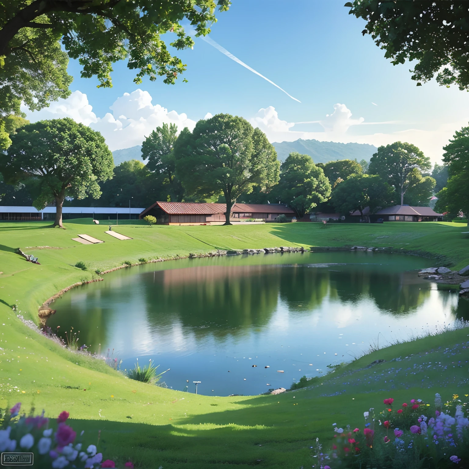 Illustration style architectural renderings，in style of hayao miyazaki，Future Senior Community，Take wishful thinking as an element，There is a lake on both sides and a large square in the middle，There are aging facilities