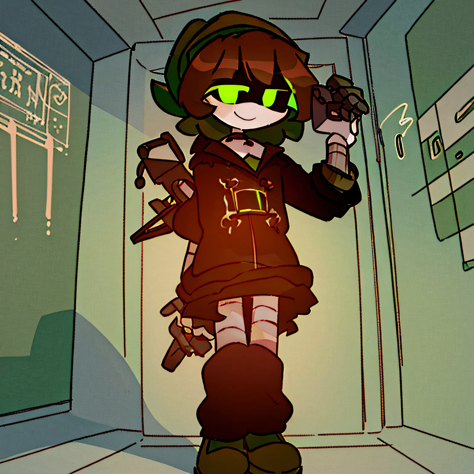 Green-neon eyes, Drone Killer, brown-hair, hairlong, Long bangs, Full Green Sweater, She has a black headband with five green sensors, Black Pants & Shoes, White Skin Skin, under the control of Beyond the Calculator, Smiling, One Eye Button Green, taller than a normal demolition drone.