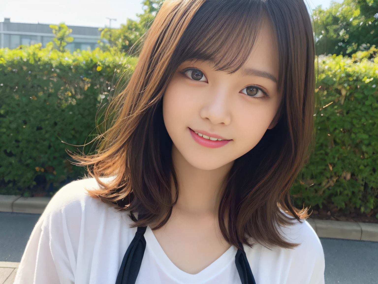 (masterpiece:1.3), (8K, Photorealistic, RAW Photos, Best image quality: 1.4), Japanese Girls、、(Random hairstyle:1.2)、(Cleavage:1.2)、Super detailed face、Eye on the details、double eyelid、Chest to chest、Sharp focus:1.2、(Cute Woman:1.4)、Light brown hair、bangs、Highest quality、Ultra-high resolution、(Photorealistic:1.4)、Highly detailed and professionally lit smiles、Loose, lightweight knitwear、thin、smile、Long Hair、Upper body portrait
