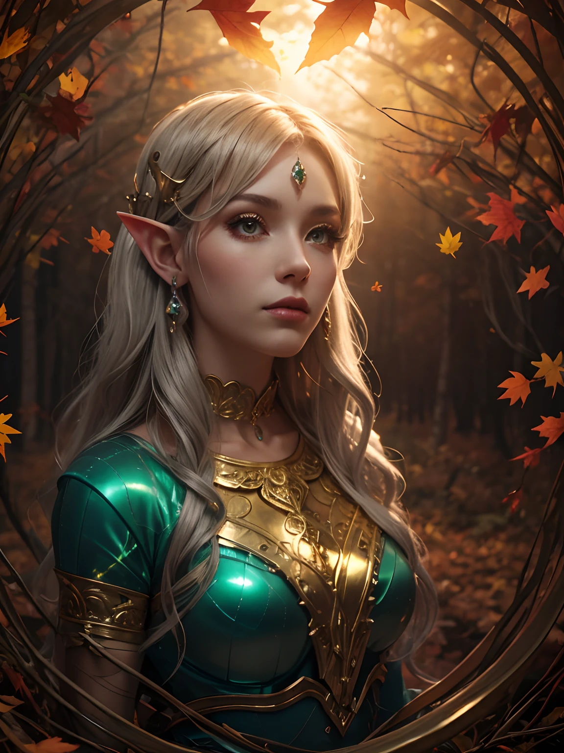 As the mist settles over the swamp, a holographic gold and filigree silver portrait emerges, perfectly shaped and polished to perfection. An full body shot of an Elfgirl wearing a subtle autumn multi-color skirt shaped like a mushroom, on her head she wears a crown of autumn leaves twigs and flowers, in a plush autumn forest clearing which is the forest shimmers with an almost faint bioluminescents, dark as night, a lighted forest clearing at evening 8k