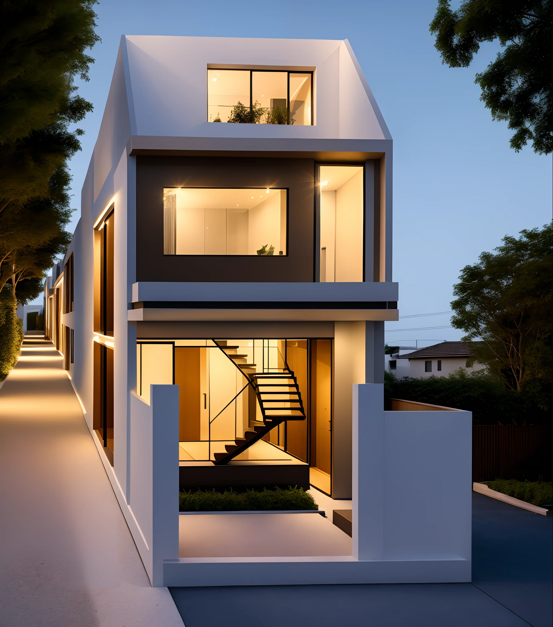 Perspective of a modern house with a large enough front yard, main materials are light yellow walls, stone and wood, a road running in front of the house, (RAW photo, real, best quality, masterpiece: 1.2), current view modern minimalist, 1 street in front of house, shime ring light, indoor brightness:1.2, dynamic lighting:1.3, (hyper-realistic, photo-realistic:1.2), high quality, daylight, contrast high:0.5 perfect light, Archdaily, contemporary masterpiece award, award winning contemporary, beautifully designed masterpiece, spacious modern mansion, modern neo-traditional, wide angle exterior 2022 , mid-century modern, contemporary home, stylish modern feel, long front view, award-winning modern design, stunning lines, residential, exquisite details, indoors gently:1.3