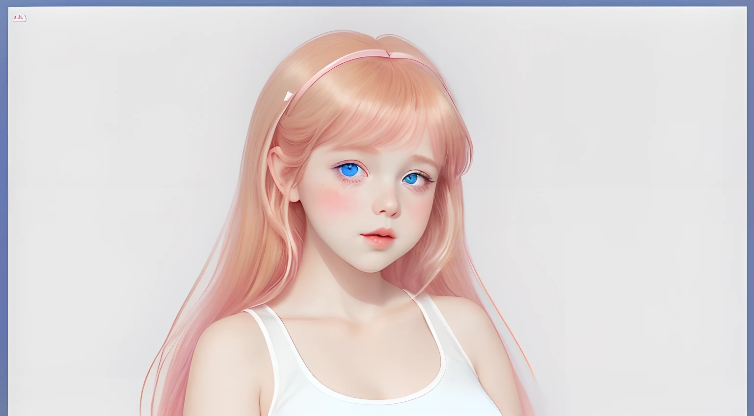 a cute little girl, pink lips, wearing a silky white tank top, in the princess color palette, an anime illustration of her face, animated gifs, hand-drawn animation, charming sketches, soft and bright, hazy romanticism, superplane style, white--air background 1:1--niji 5--expressive style, plus size, big hips, big thighs, big ass, pretty face, romantic, strawberry blonde, silver blue eyes