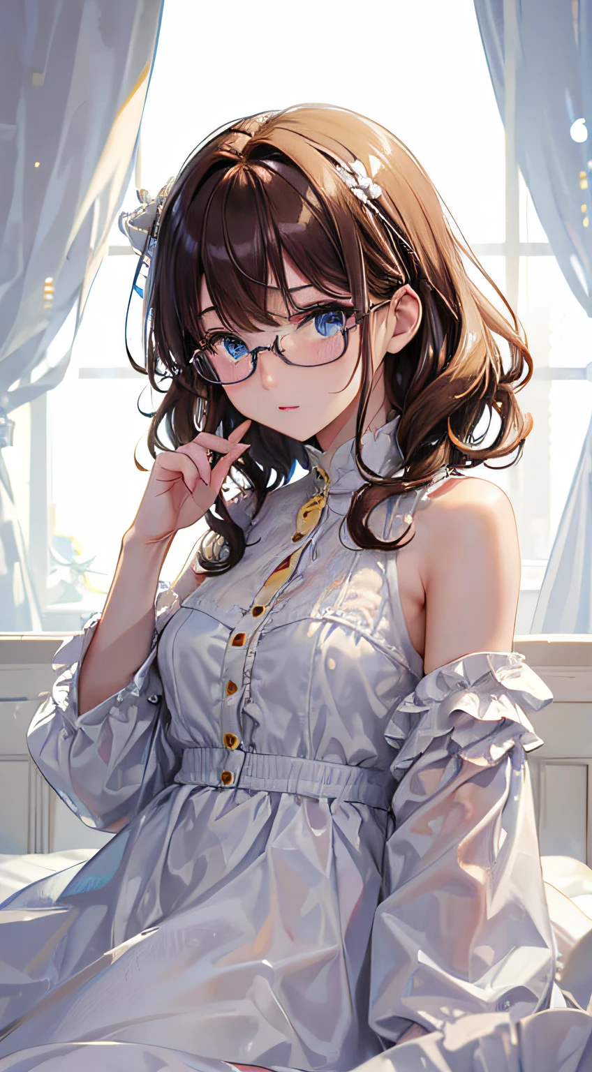 (( opens)), (( Visible)), ((White liquid scattered all over the body)), angry, masterpiece、top-quality、shorth hair、blue eyess、eye glass、Brown hair with yellow highlights、curlyhair、Beautiful bed