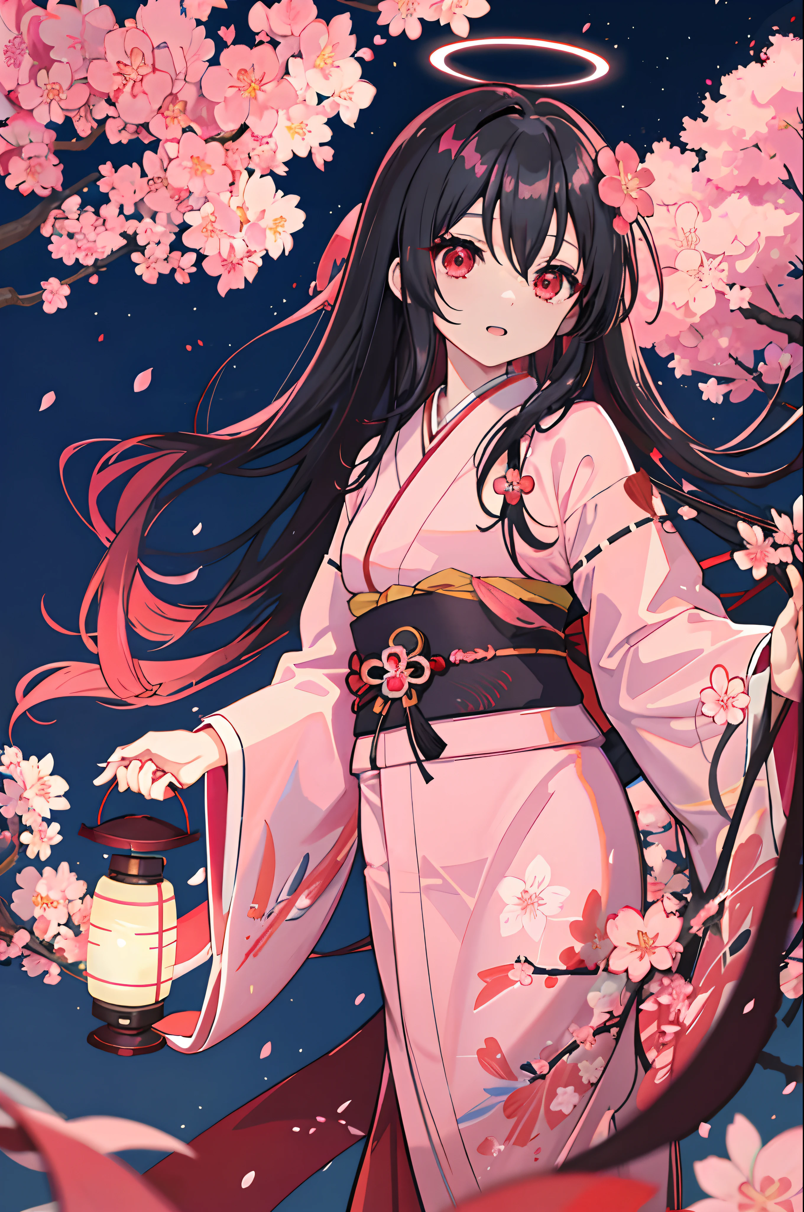 anime girl, black hair,long hair, red eyes, pink kimono, Sakura blossom tree, holding a lantern, night sky, under a Sakura tree, Sakura petals, majestic, high quality, halo