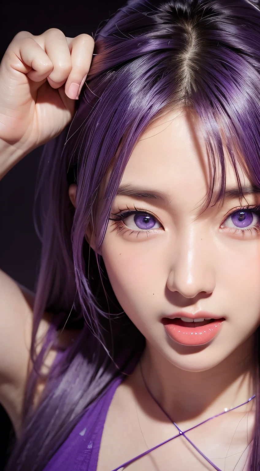 Ai Hoshino, facial close-up、gloves, Tongue sticking out, tongue, Long hair, Star (symbol), Watch Viewer, (Purple hair: 1.2), Purple eyes, Upper body, Hair Ornament, frilld, PINK SHIRT, Smile, Sleeveless, Shirt, Idol, symbol-shaped pupils, Hands raised, Bangs, One side up, star-shaped pupils, Arms raised, dress pull, Roaring 20s, isometric, From above, Full body, Rembrandt, Illustration, detail, depth of fields, Looking at the viewer, piece sign, Raised hands, Tongue out, Highest Quality, High resolution.(((facial close-up)))、Zoom in on faces