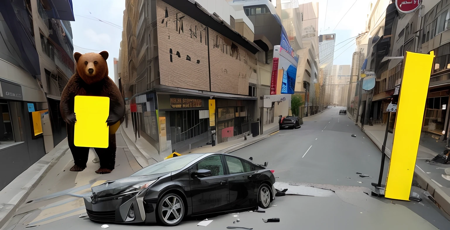 A wild bear holding a yellow signboard and a black Prius get into an accident in the city. Be real.