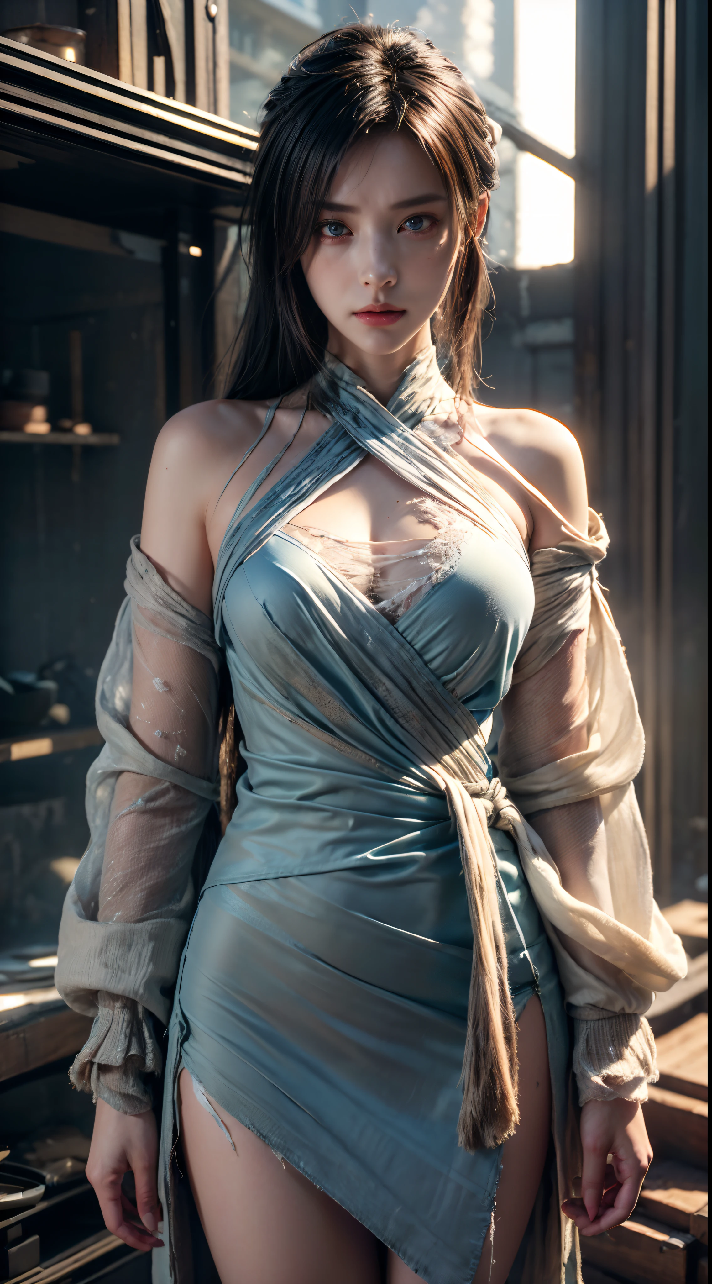 ((top-quality)), ((​masterpiece)), (detaileds:1.4),。.3D, Beautiful Cyberpunk Woman Image,nffsw(HighDynamicRange),Ray traching,NVIDIA RTX,Hyper-Resolution,Unreal 5,Sub-surface scattering,PBR Texturing,Postprocess,Anisotropy Filtering,depth of fields,Maximum clarity and sharpness,multi-layer texture,Albedo and specular maps,Surface Shading,Accurate simulation of light-material interactions,perfectly proportions,Octane Rendering,Two-tone lighting,Wide aperture,Low ISO、White Balance、thirds rule、8K Raw、(silk dresses),(((Clothes are tattered))),(((Clothes are stained with dirt or dust))),()