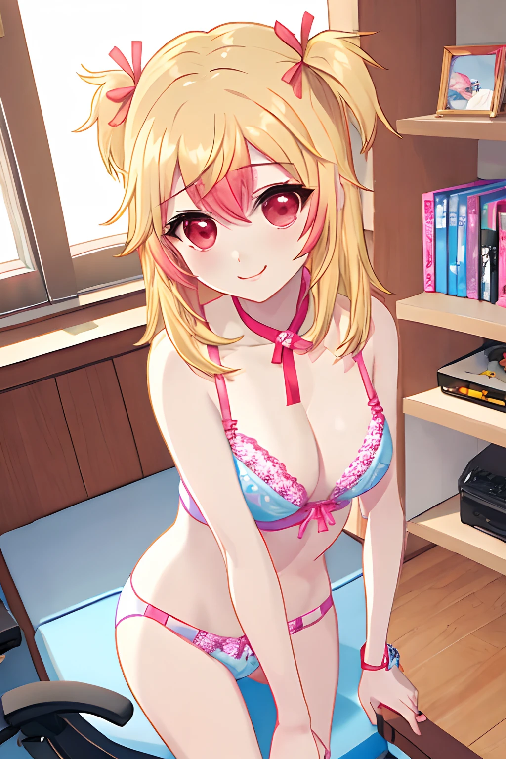 mio, 1girl, solo, breasts, blonde hair, multicolored hair, red eyes, medium breasts,  cleavage, long hair, lingerie, sexy panties, shelf bra, smile,  ribbon, indoors, bedroom, gaming_chair