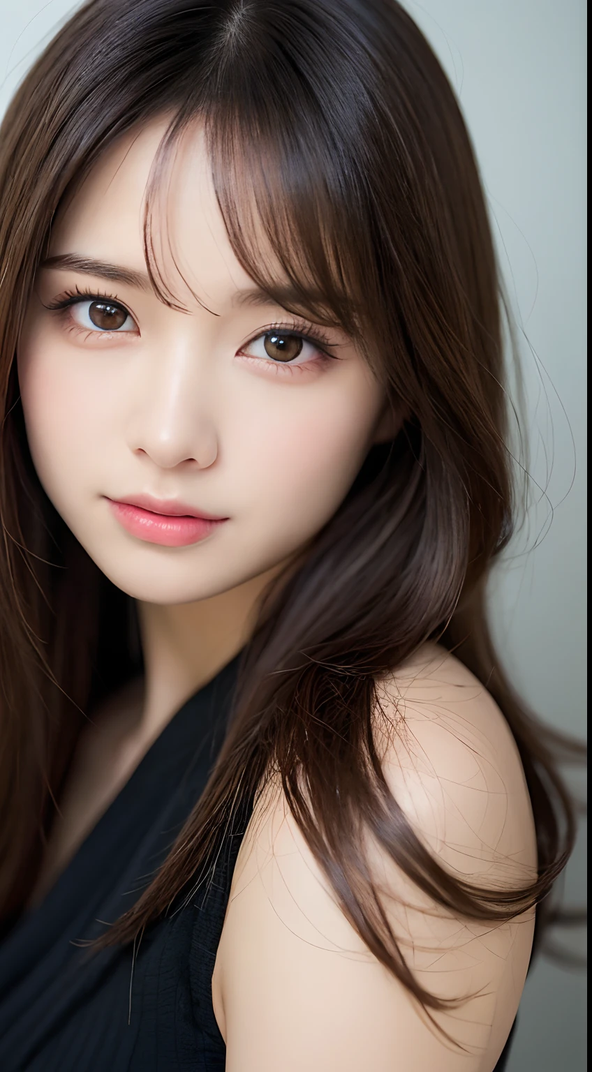 (masuter piece:1.3)、(8K、Photorealsitic、Raw photography、top-quality: 1.4)、(1girl in)、美丽的面容、(Lifelike face)、(light brown hair:1.5)、(Medium Hair)、Beautiful hairstyle、（One eye is hidden by bangs：1.5）、Realistic brown eyes、Beautiful details、（real looking skin）、Beautiful skins、（Black sweater）、absurderes、enticing、embarrassed、超A high resolution、A hyper-realistic、high-detail、the golden ratio