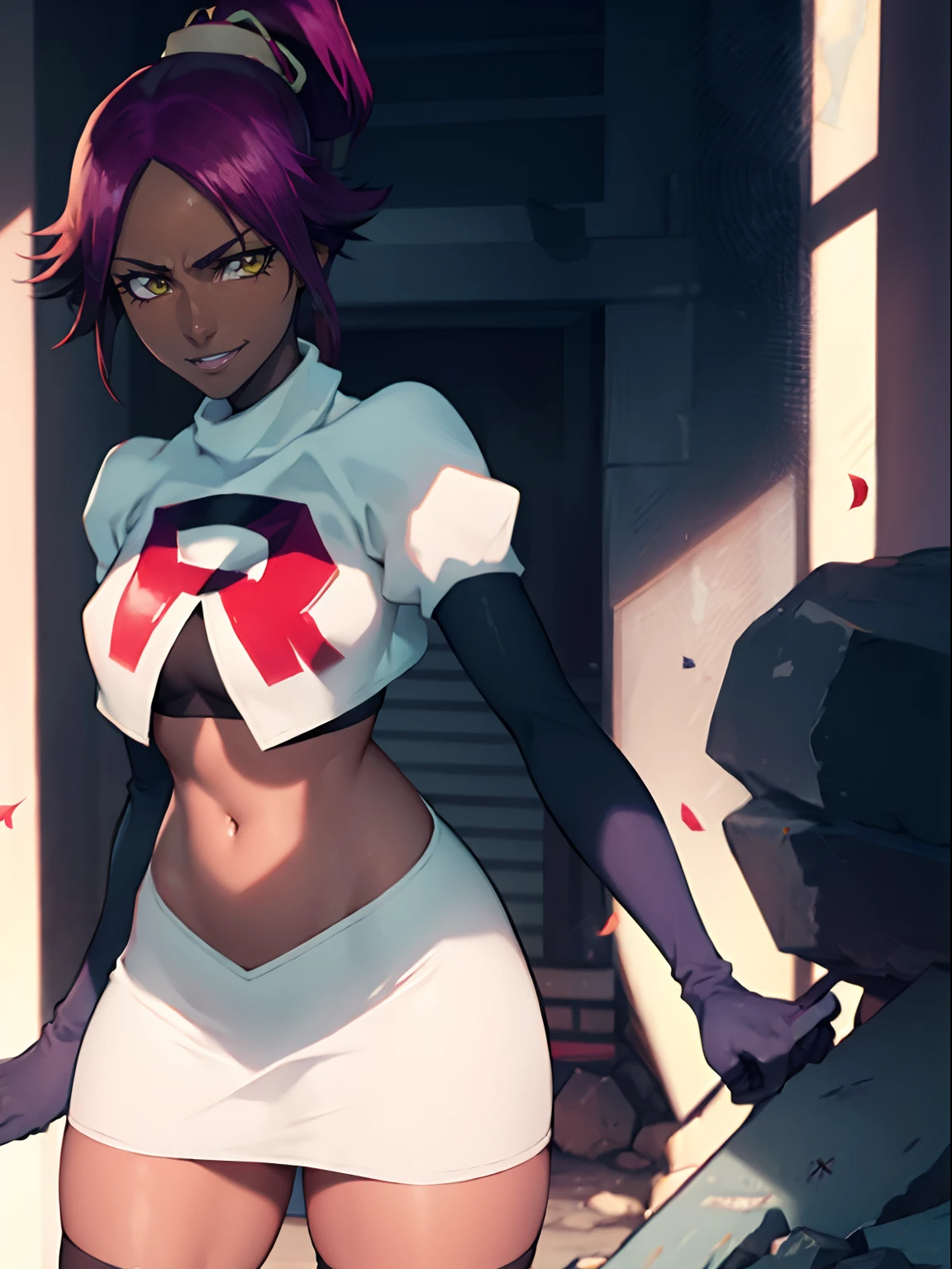 yoruichi shihouin, yellow eyes, ponytail, purple hair, dark skin, dark-skinned female, team rocket, team rocket uniform, red letter R, white skirt, white crop top, black thigh-high boots, black elbow gloves, evil smile
