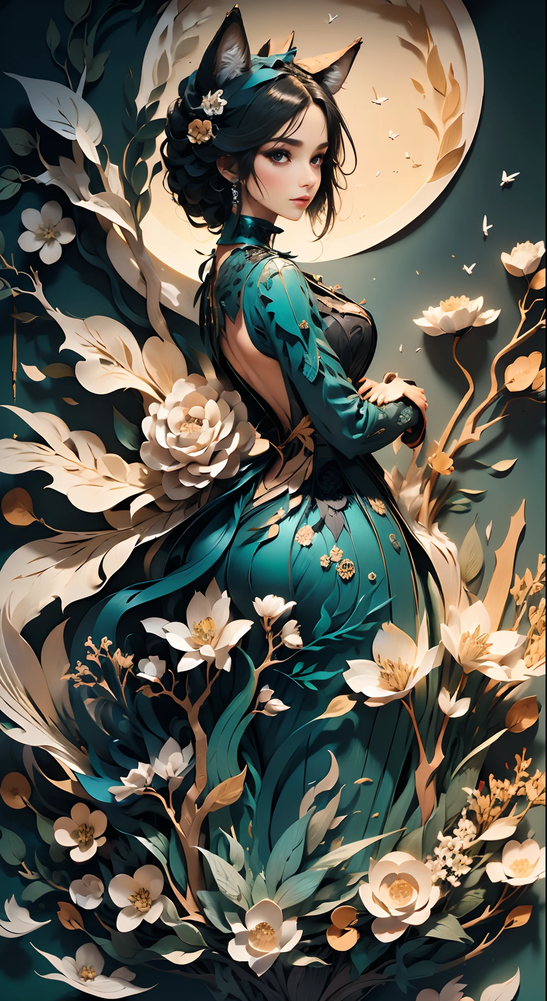 (((tmasterpiece))), best qualtiy, illustration, Beautiful details, Paper_cut, woman,coyote, tree, Lua