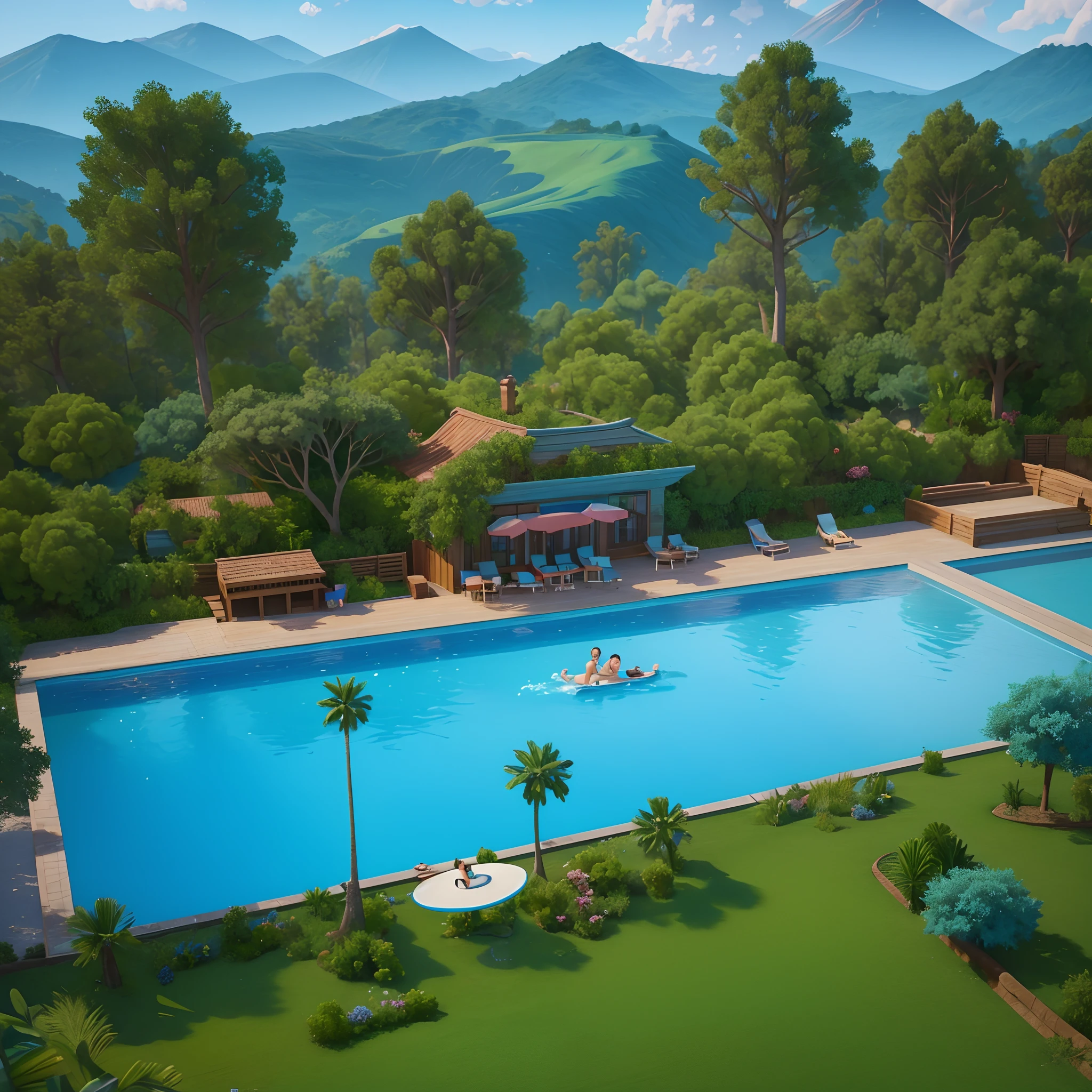3d cartoon animation background, Disney style, Pixar style, hills with lots of trees, there is a swimming pool with blue water, beautiful sky,There are people swimming using swimming tubes,high resolution,high quality,3d render,Disney Pixar animation